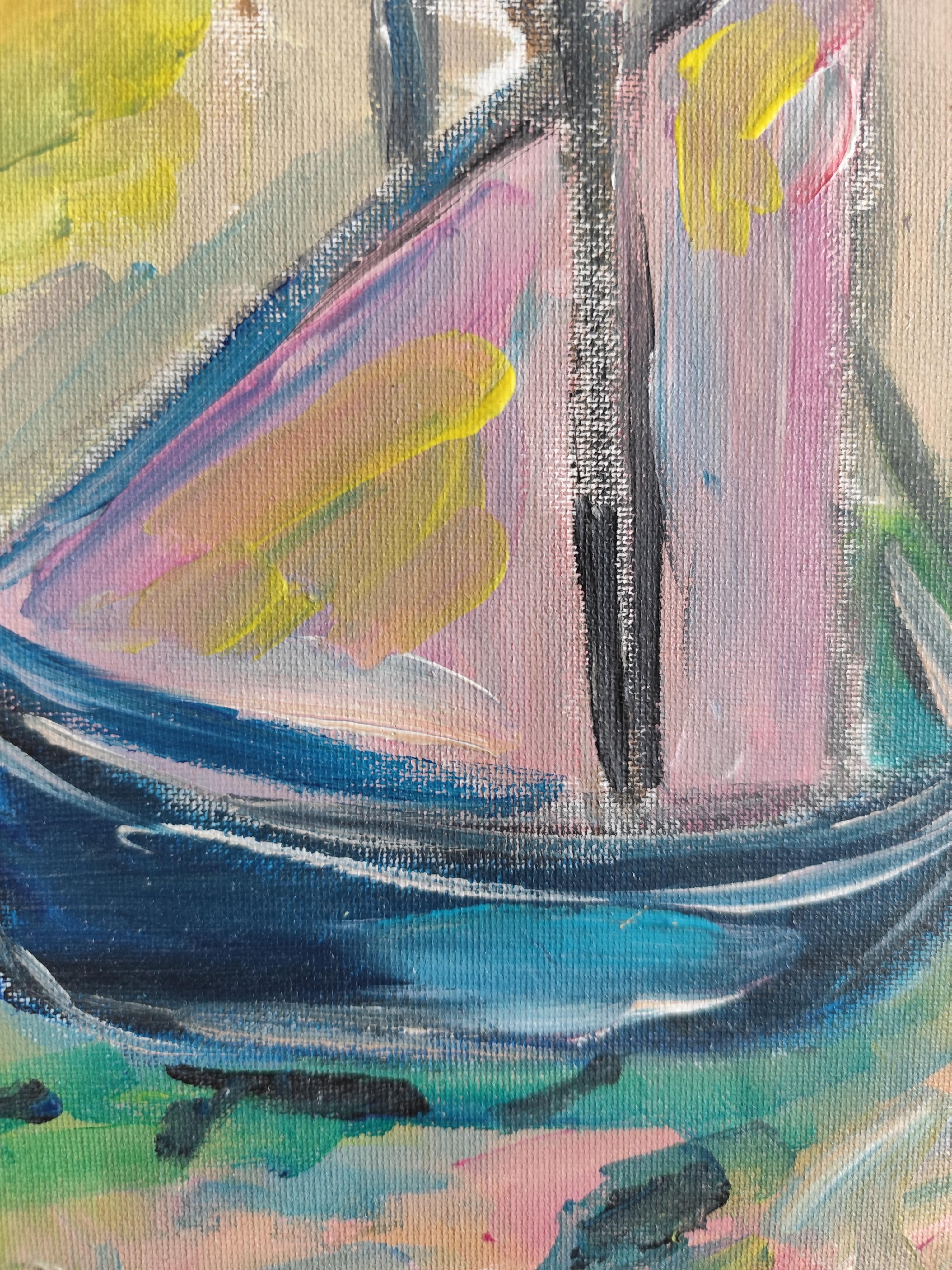 Contemporary abstract Impressionist nature painting boat beach 