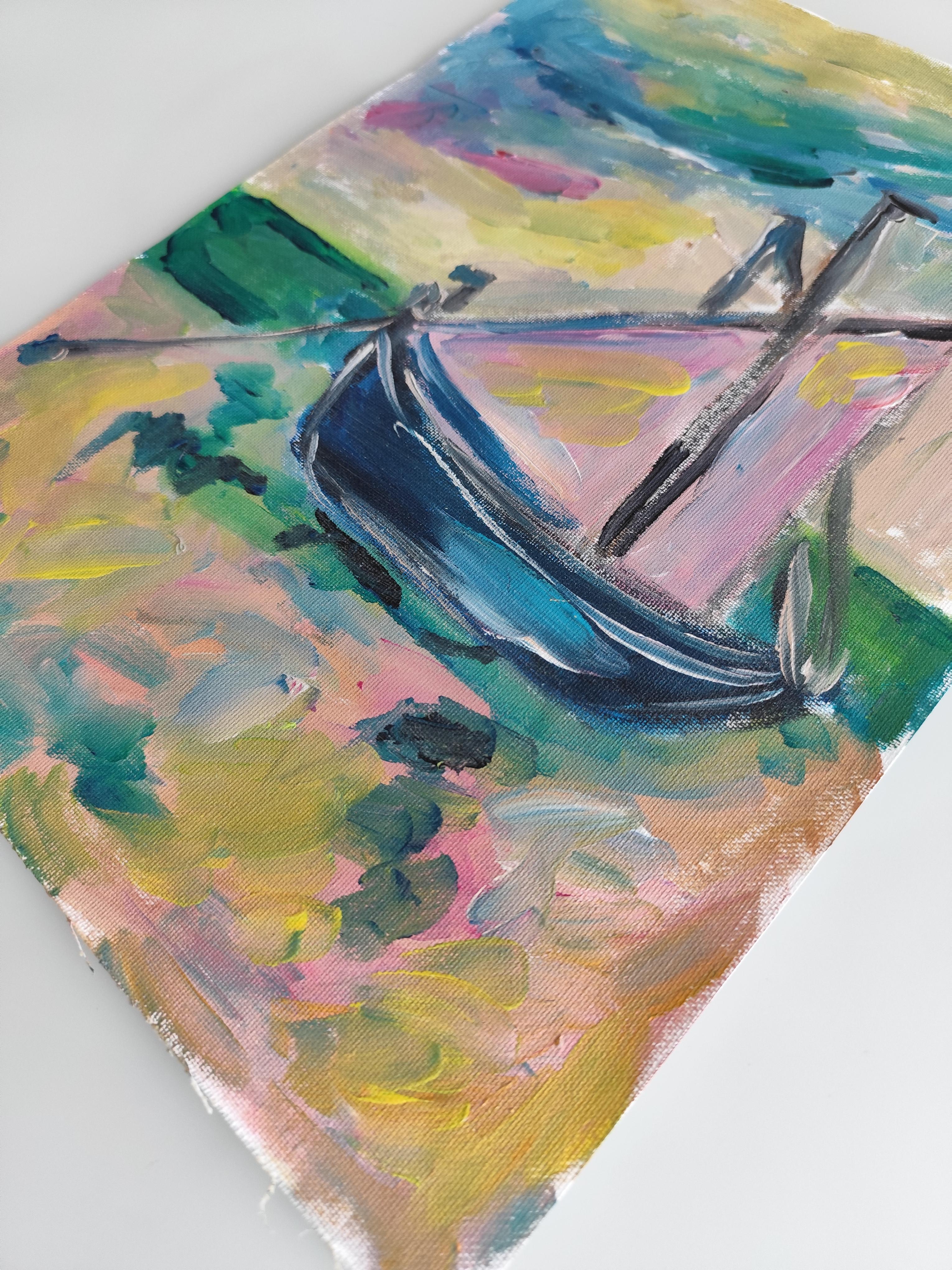 Contemporary abstract Impressionist nature painting boat beach 