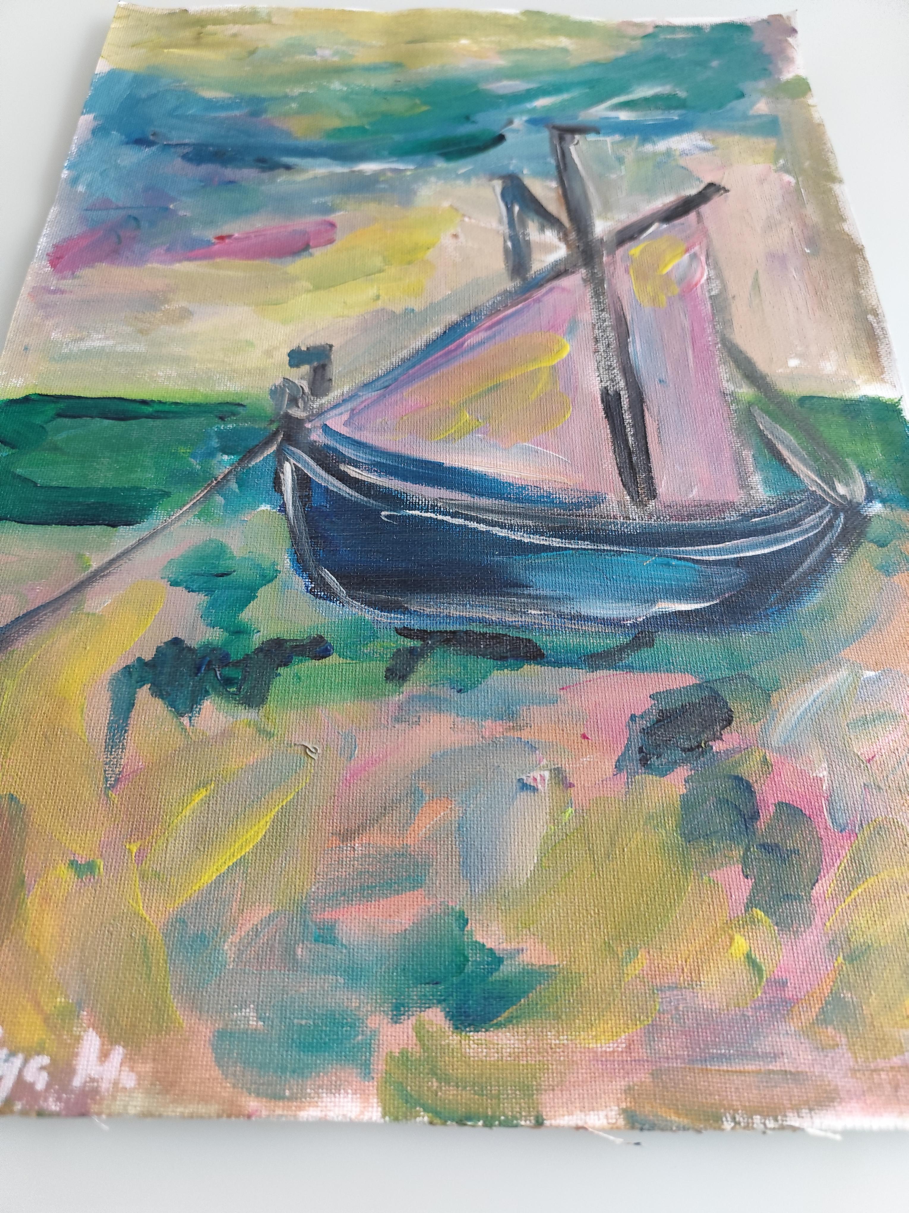 Contemporary abstract Impressionist nature painting boat beach 