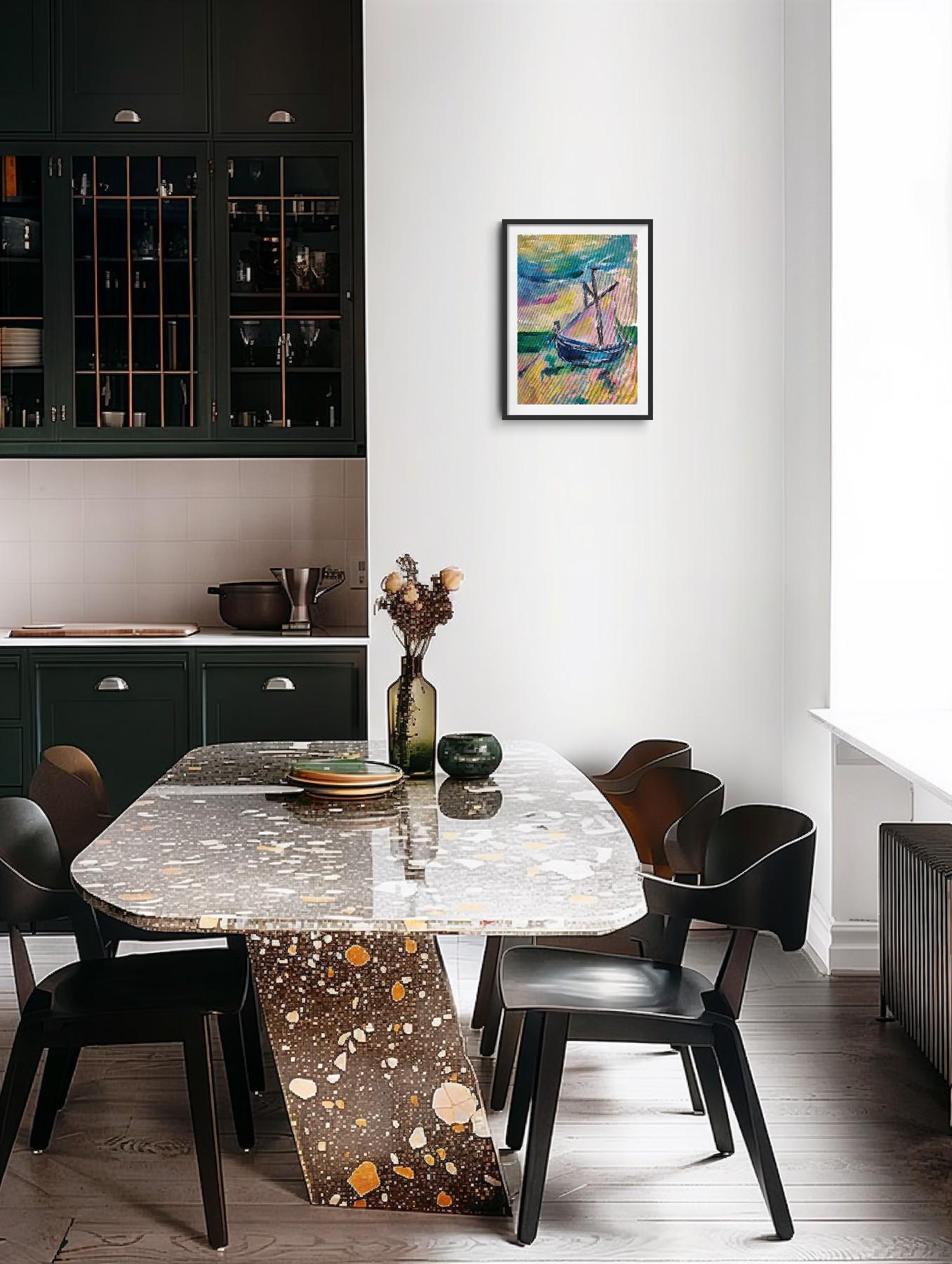 Contemporary abstract Impressionist nature painting boat beach 