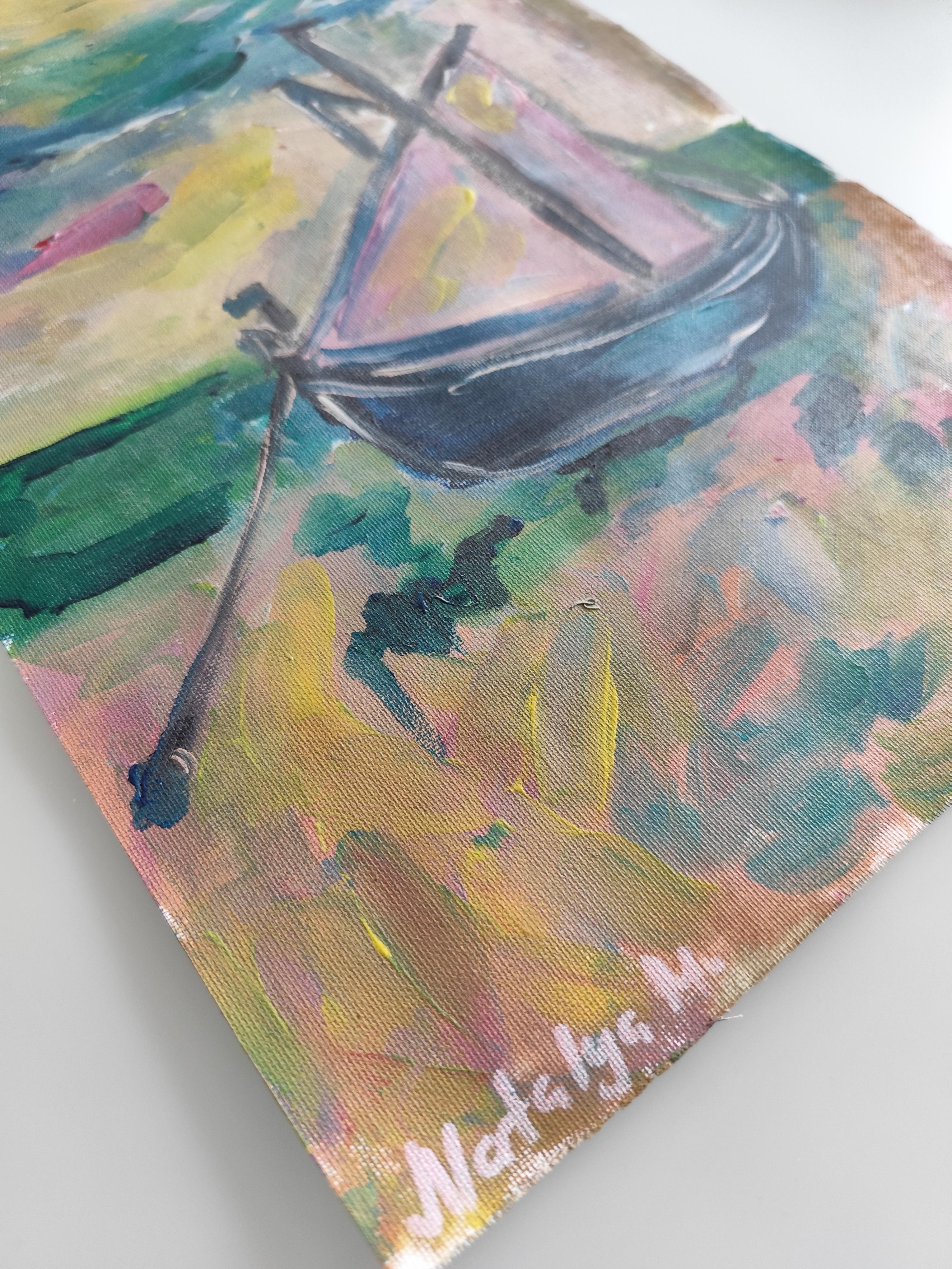 Contemporary abstract Impressionist nature painting boat beach 