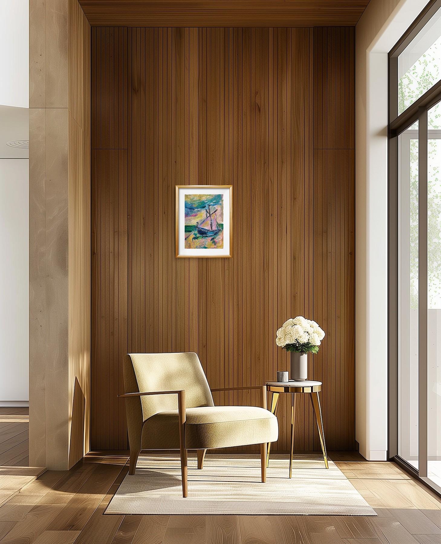 Contemporary abstract Impressionist nature painting boat beach 