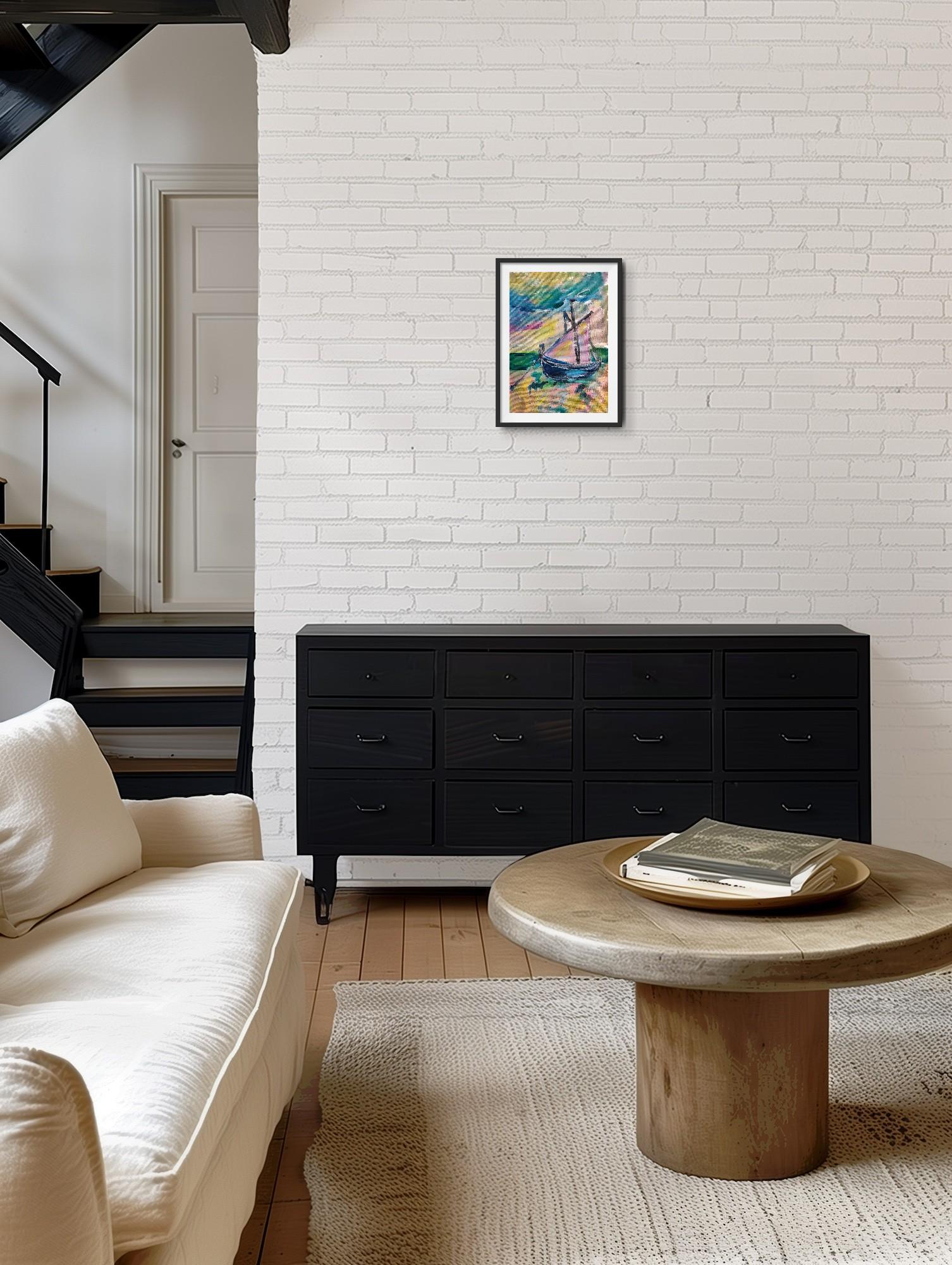 Contemporary abstract Impressionist nature painting boat beach 