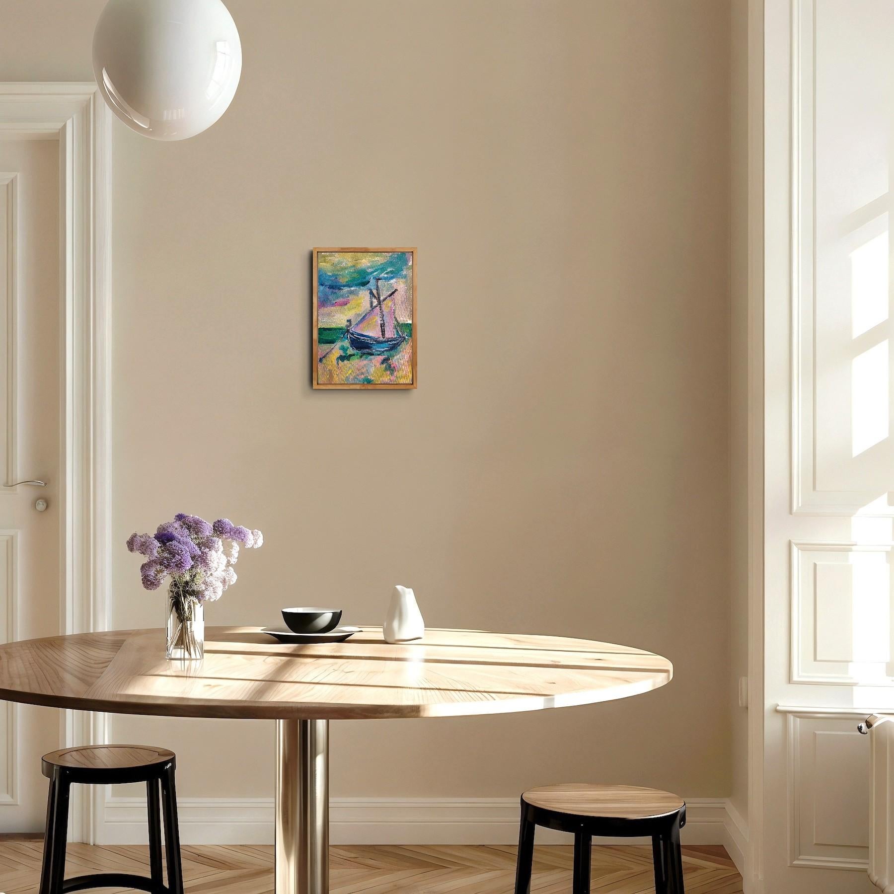 Contemporary abstract Impressionist nature painting boat beach 