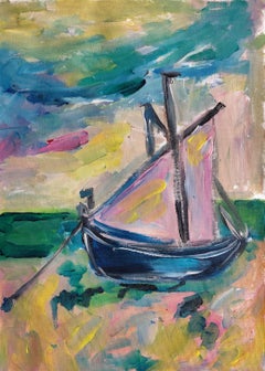 Contemporary abstract Impressionist nature painting boat beach "Seaside pause"