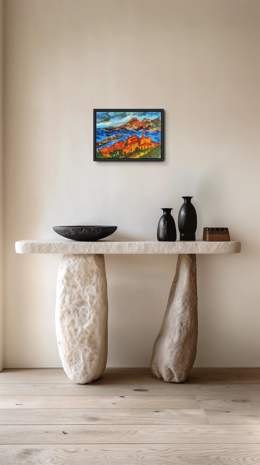 Diese zeitgenössische Landschaft - ein abstraktes expressionistisches Gemälde mit einem Hauch von Impressionismus und Art Brut, das den Süden Frankreichs, die Provence, darstellt - wurde von der französischen Künstlerin Natalya Mougenot geschaffen.