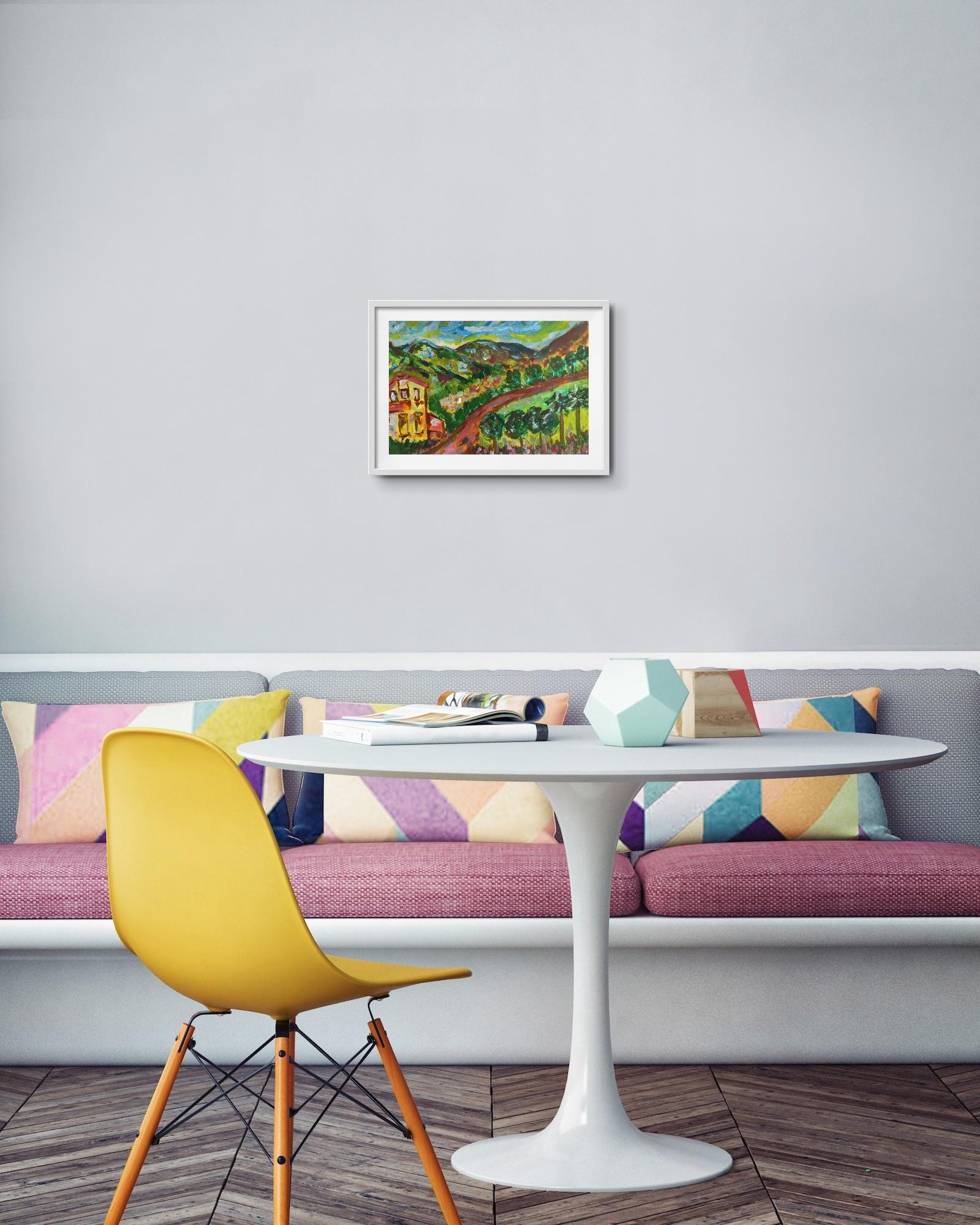 Diese zeitgenössische Landschaft - ein abstraktes expressionistisches Gemälde mit einem Hauch von Impressionismus und Art Brut, das den Süden Frankreichs, die Provence, darstellt - wurde von der französischen Künstlerin Natalya Mougenot geschaffen.