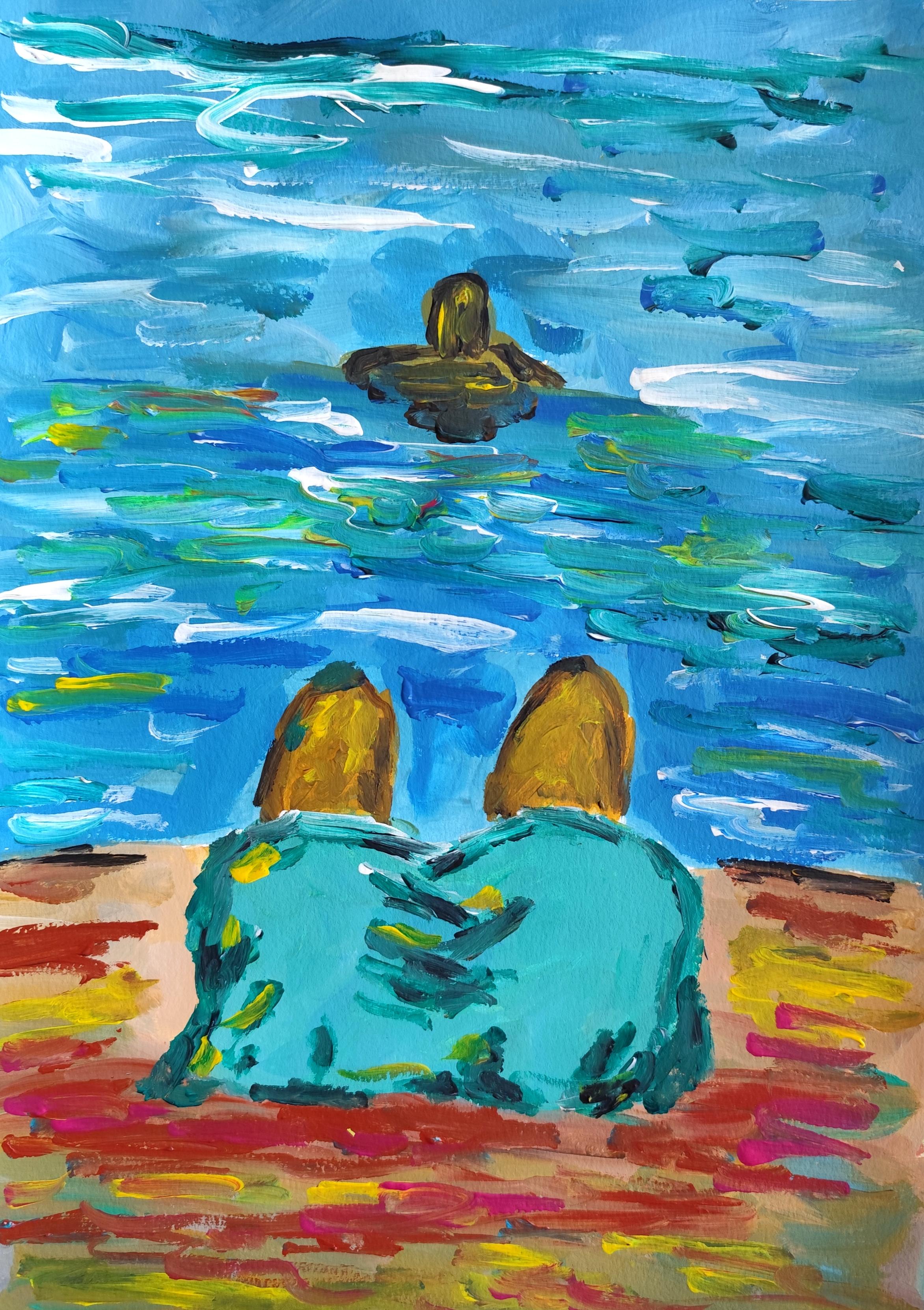 Contemporary abstract impressionist painting of two women "Shared horizon"