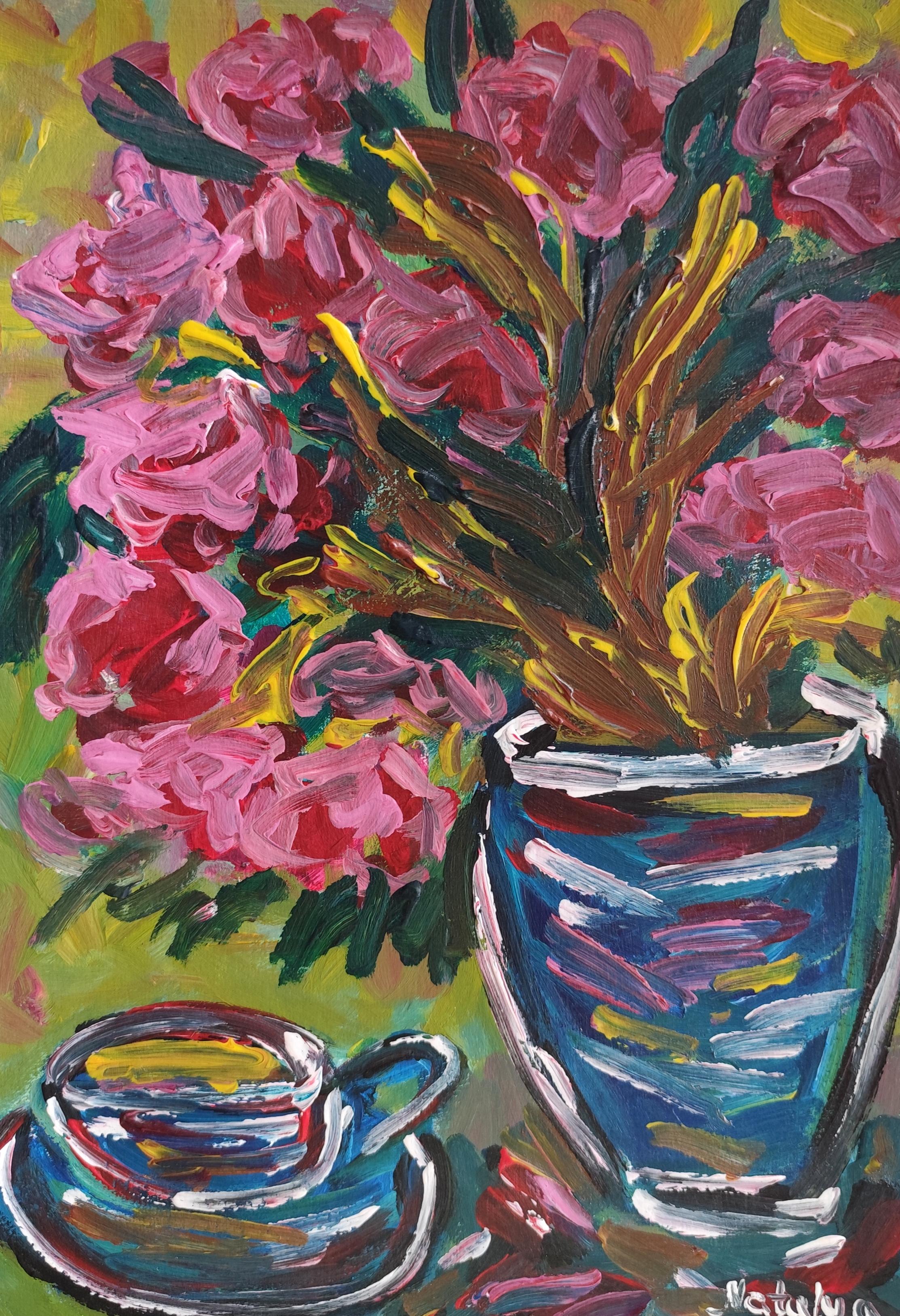 Abstract Painting di Mougenot Natalya - Opera d'arte astratta contemporanea di natura morta impressionista "Tazza di caffè e fiori".