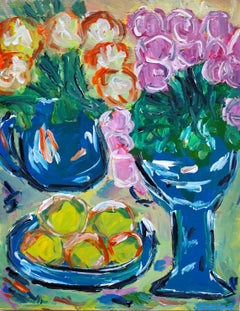 Pittura astratta impressionista contemporanea di nature morte  "Tavolo in giardino"