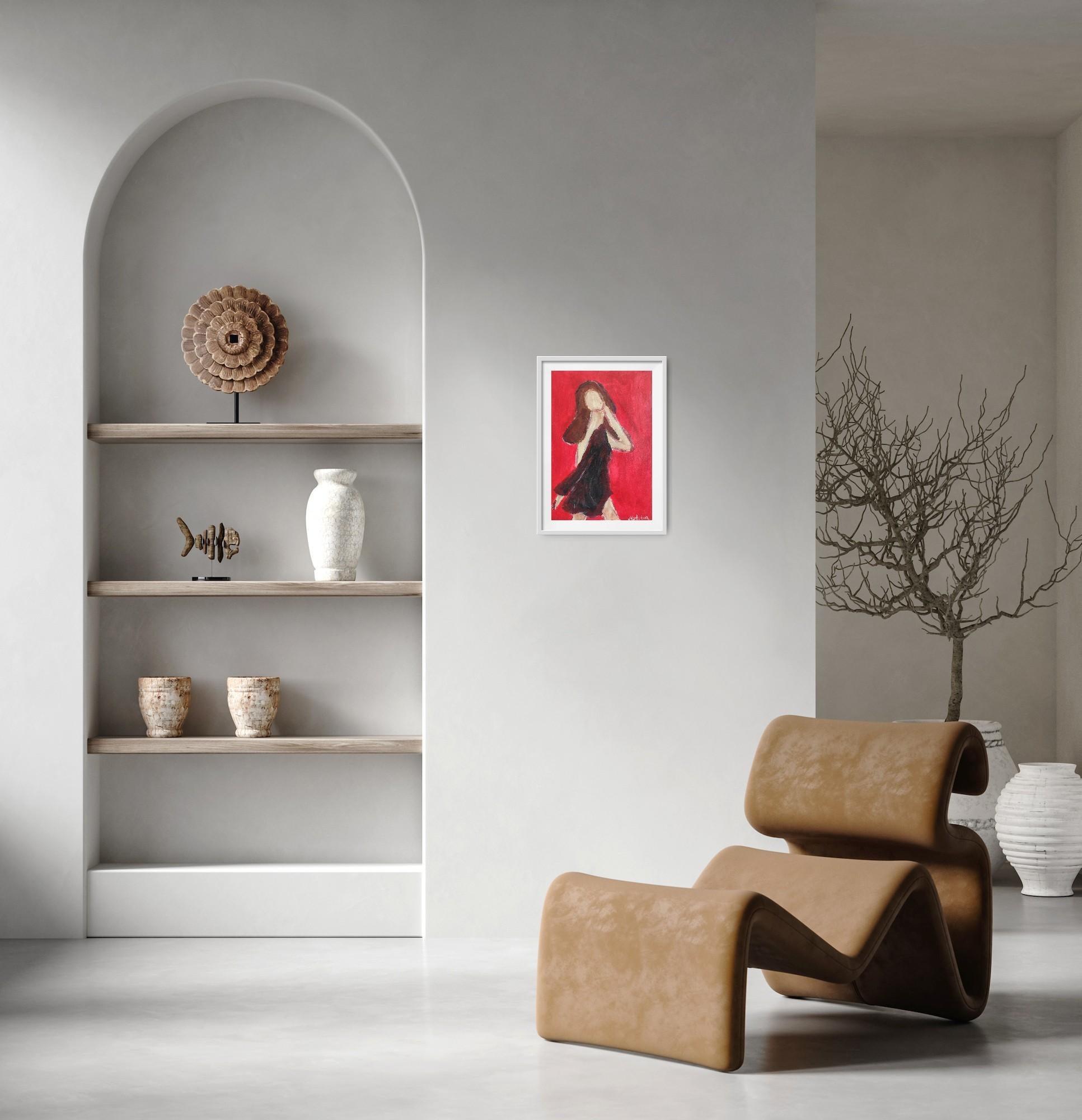 Dieses ausdrucksstarke zeitgenössische figurative Gemälde einer Frau der französischen Künstlerin Natalya Mougenot fängt den zeitlosen Dialog zwischen Einfachheit und Leidenschaft ein - zwischen der Ruhe des Selbst und der Intensität der Welt um