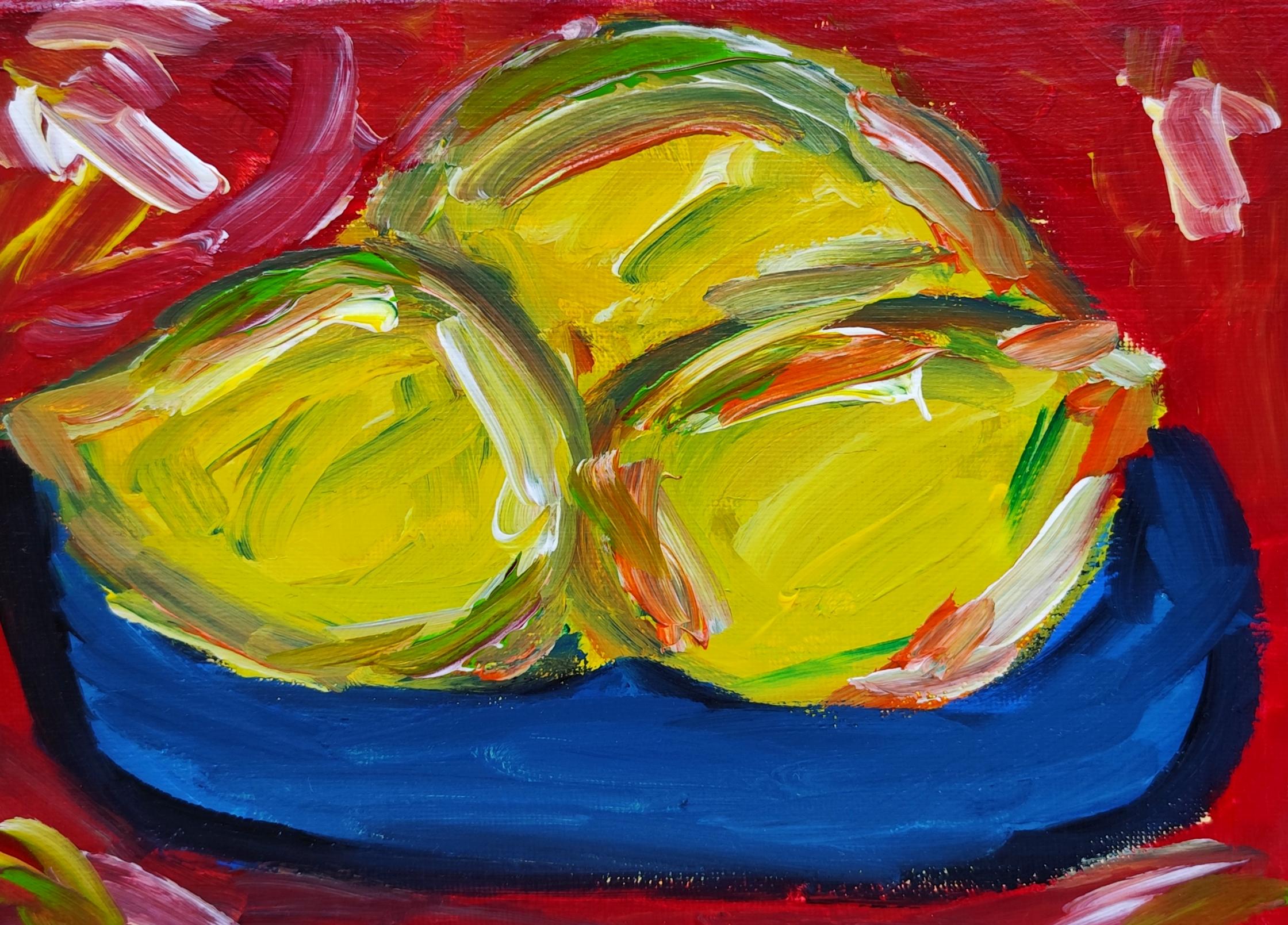 Contemporary Abstract Still-life Figurative Small Art Painting "Three lemons"