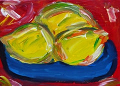 Contemporary Abstract Still-life Figurative Small Art Painting "Three lemons"