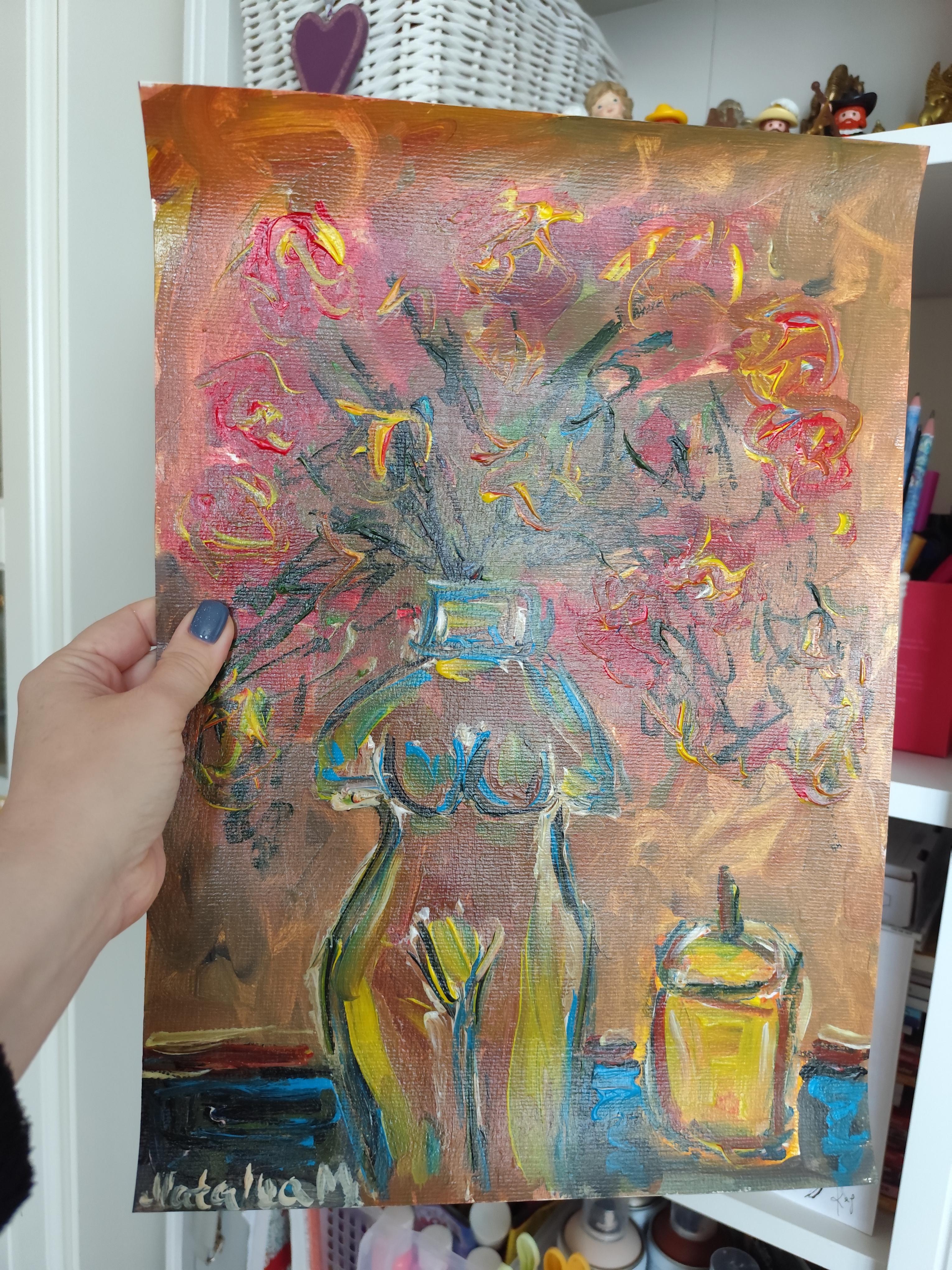 Naturaleza muerta abstracta contemporánea flores vela pintura acrílica sobre papel en venta 6