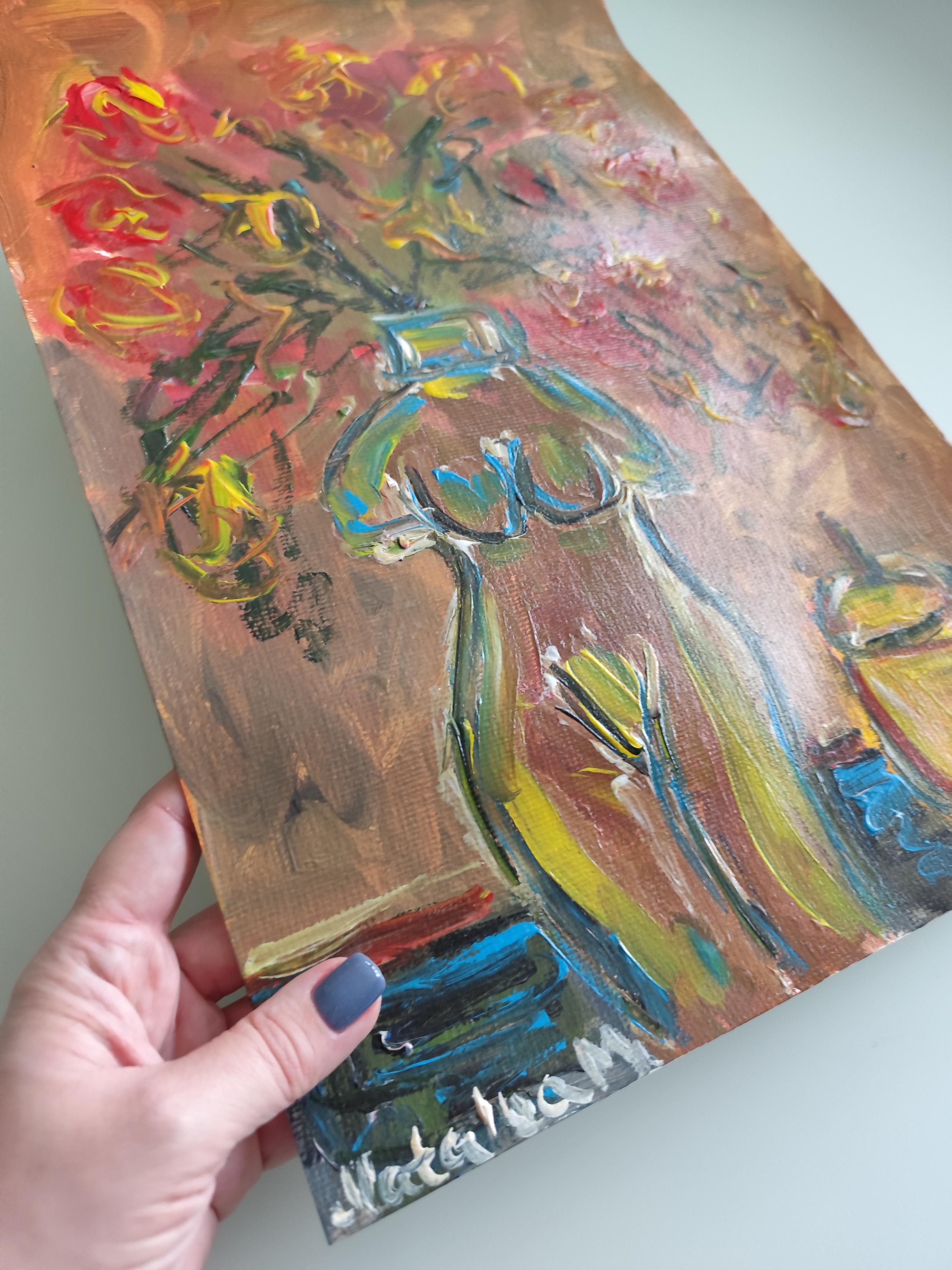 Naturaleza muerta abstracta contemporánea flores vela pintura acrílica sobre papel en venta 11