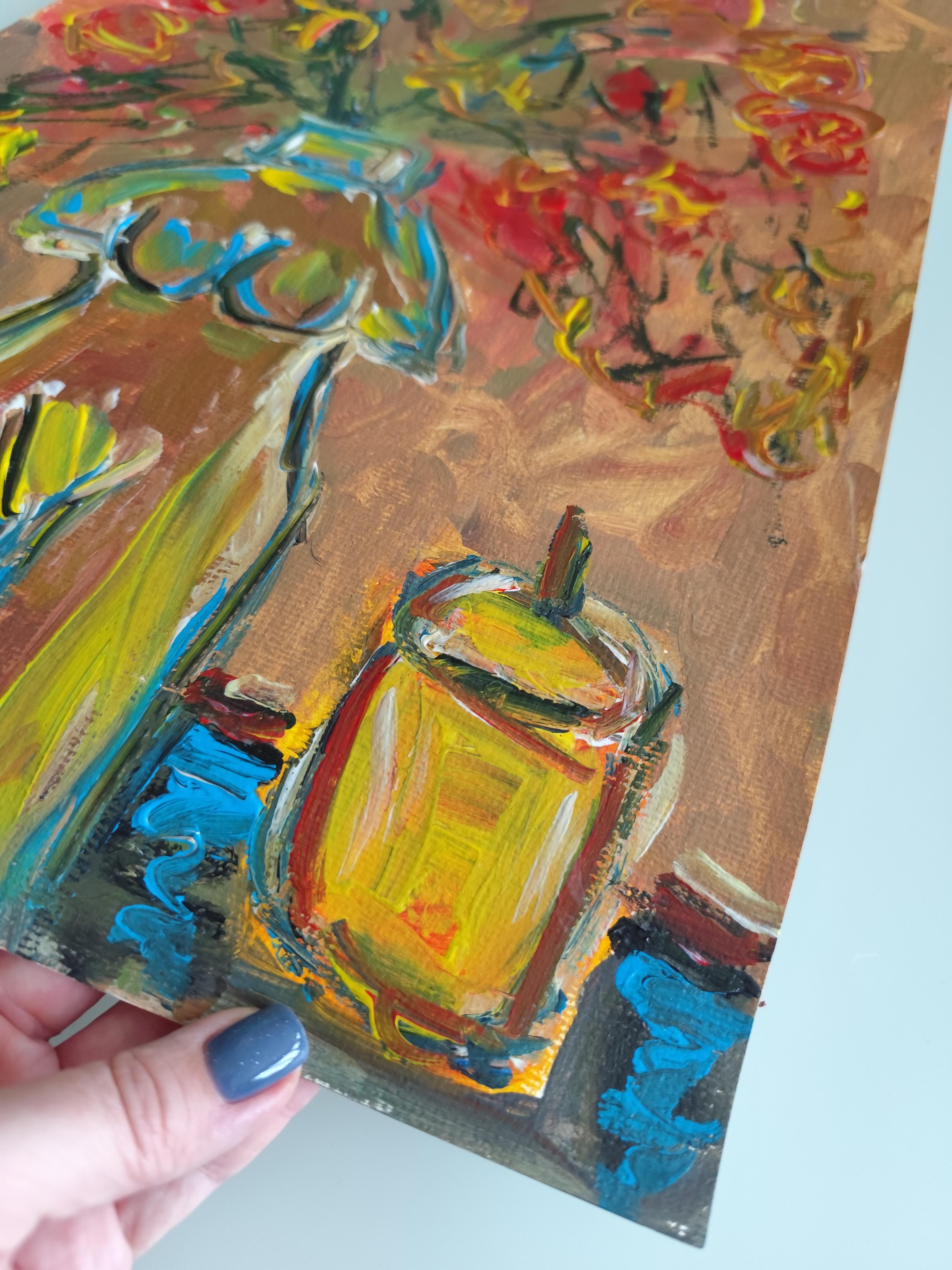 Naturaleza muerta abstracta contemporánea flores vela pintura acrílica sobre papel en venta 12