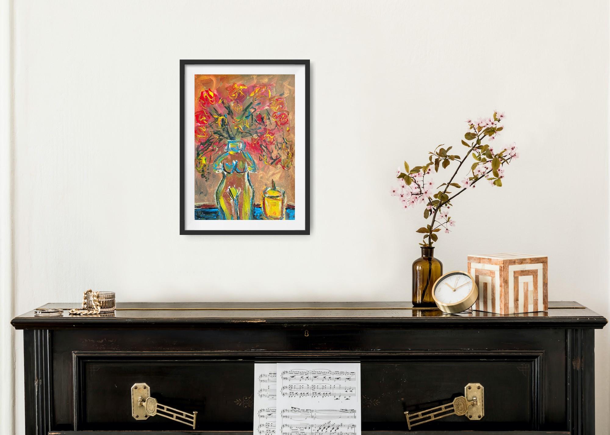 Naturaleza muerta abstracta contemporánea flores vela pintura acrílica sobre papel en venta 1