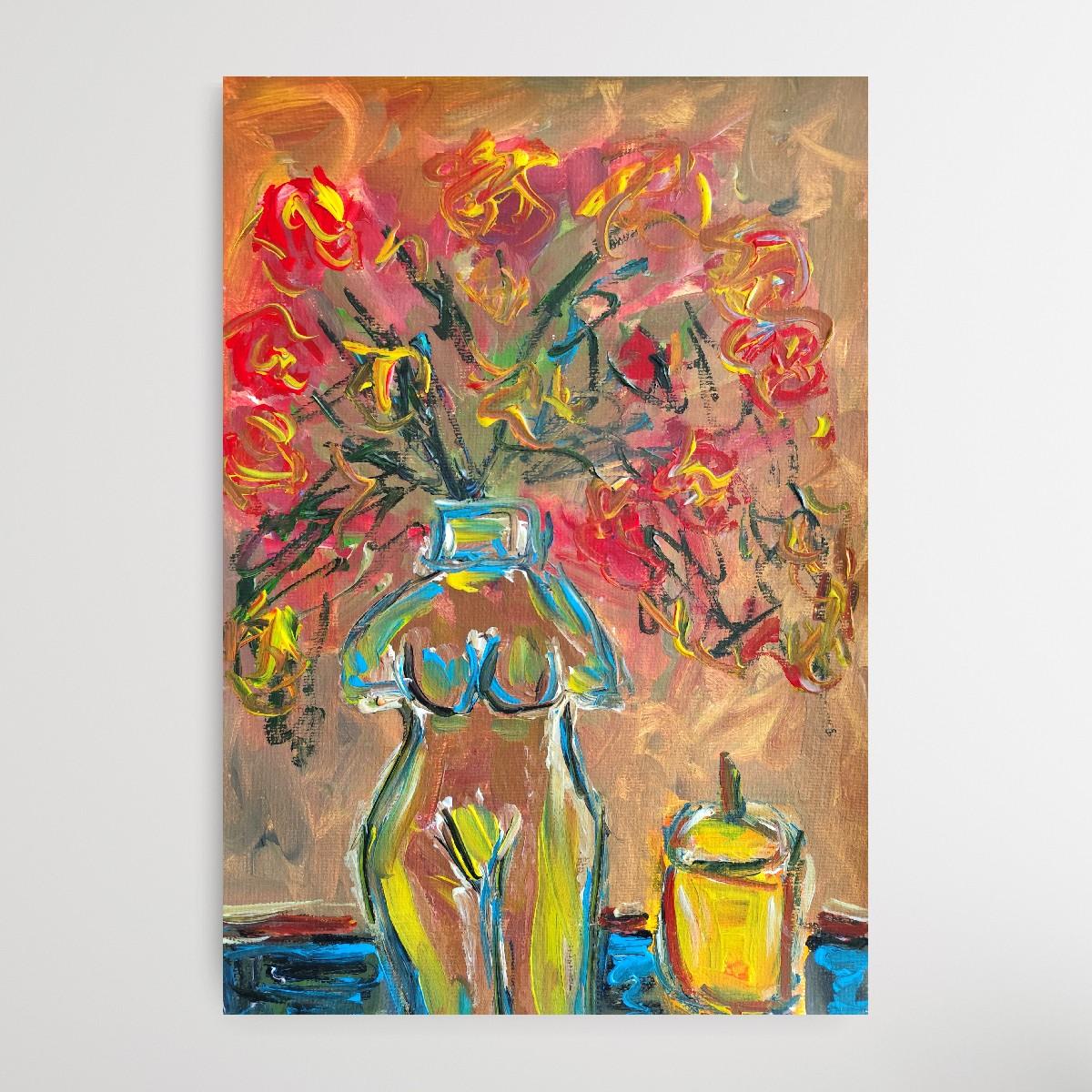 Naturaleza muerta abstracta contemporánea flores vela pintura acrílica sobre papel en venta 2