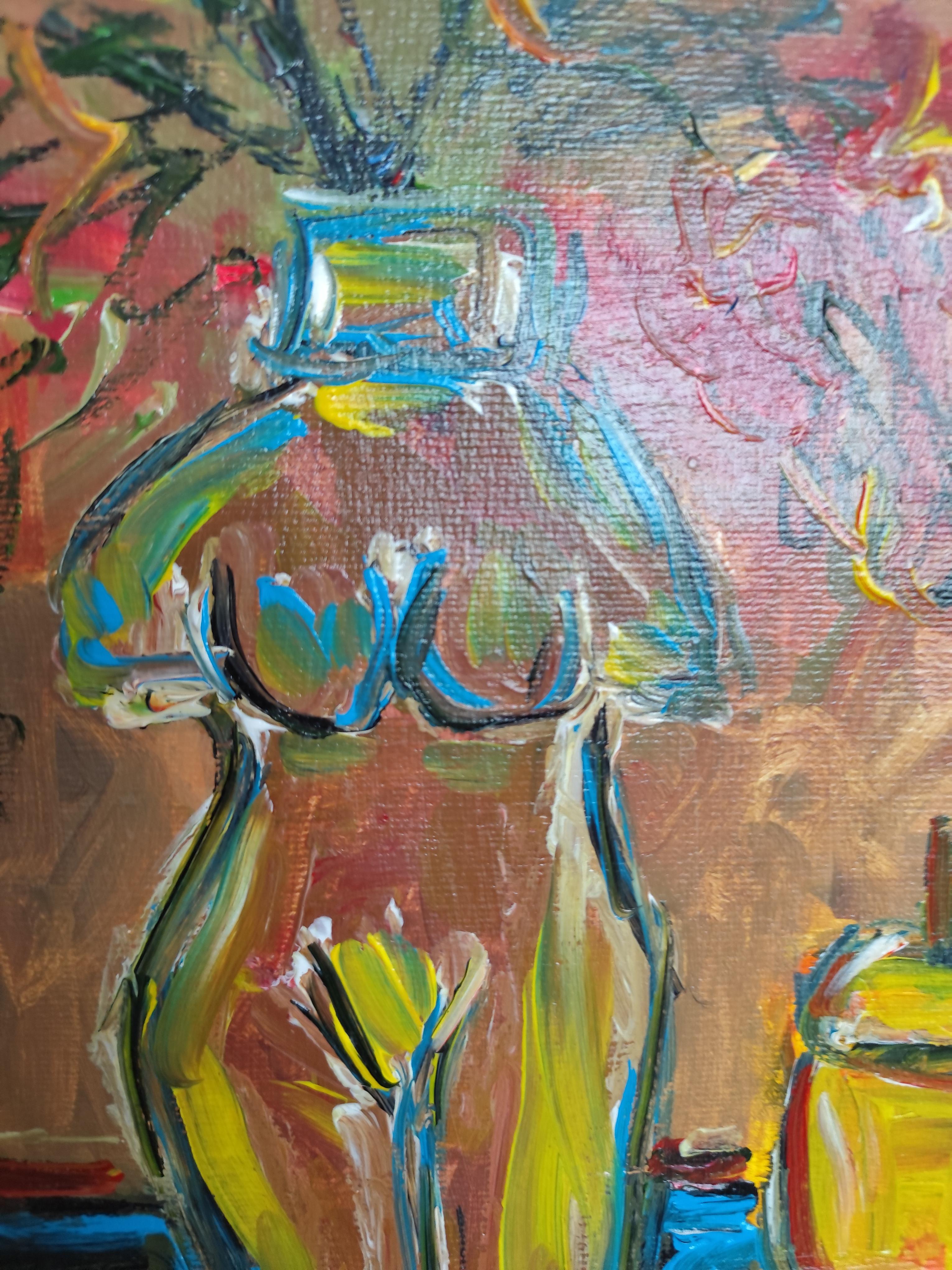 Naturaleza muerta abstracta contemporánea flores vela pintura acrílica sobre papel en venta 4