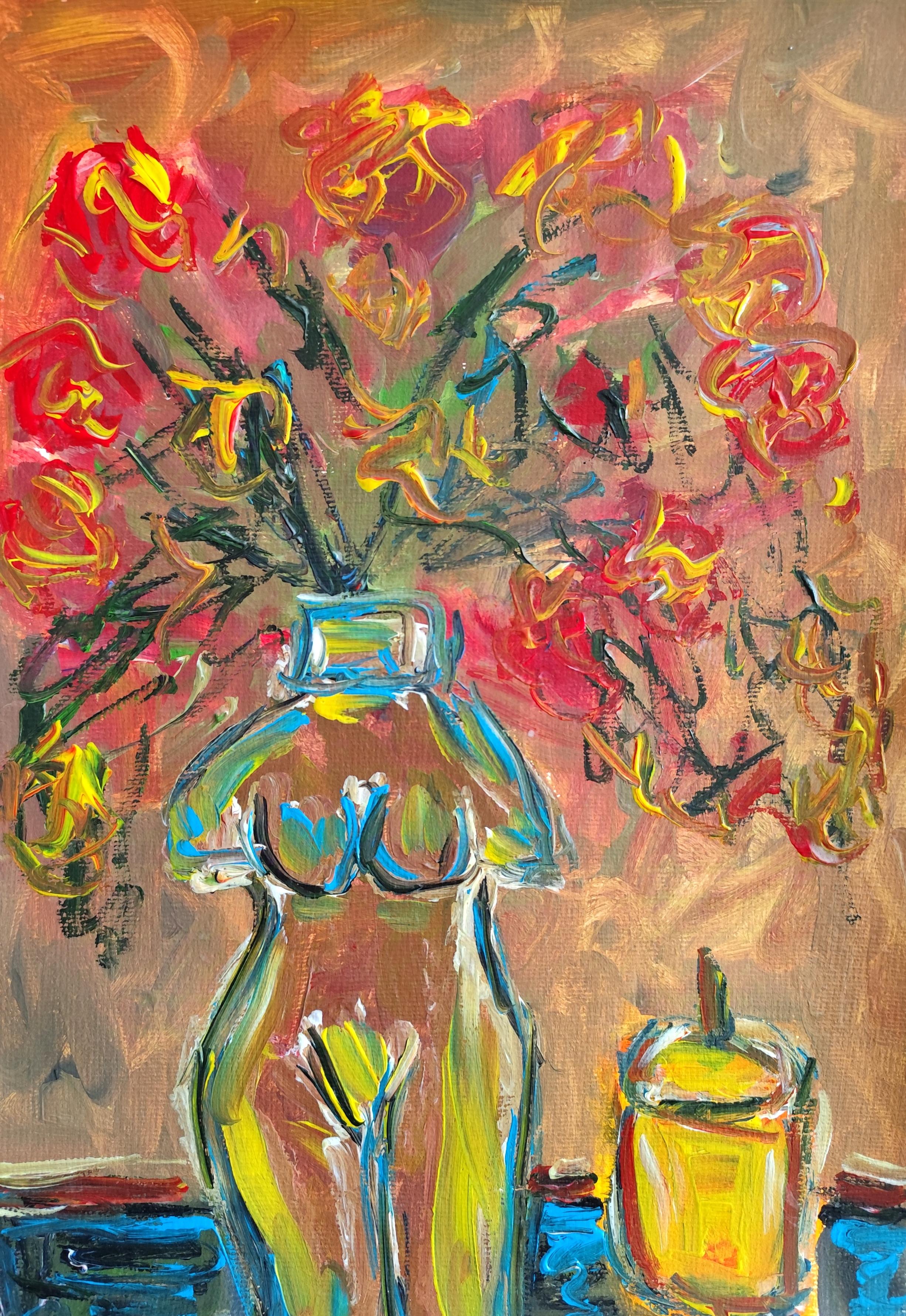 Pittura acrilica astratta contemporanea su carta con fiori di candela