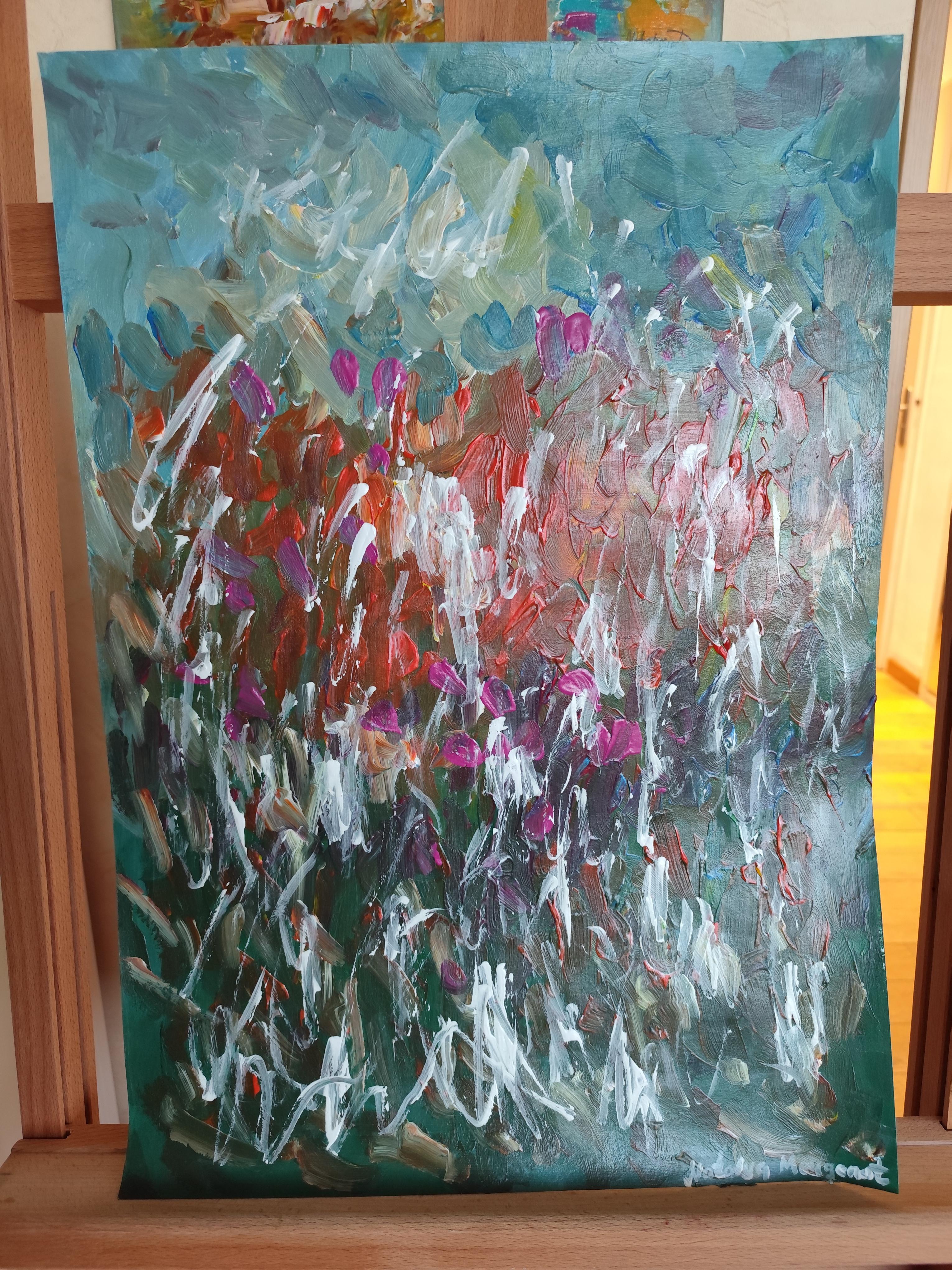 Pintura floral abstracta contemporánea de colores vibrantes 