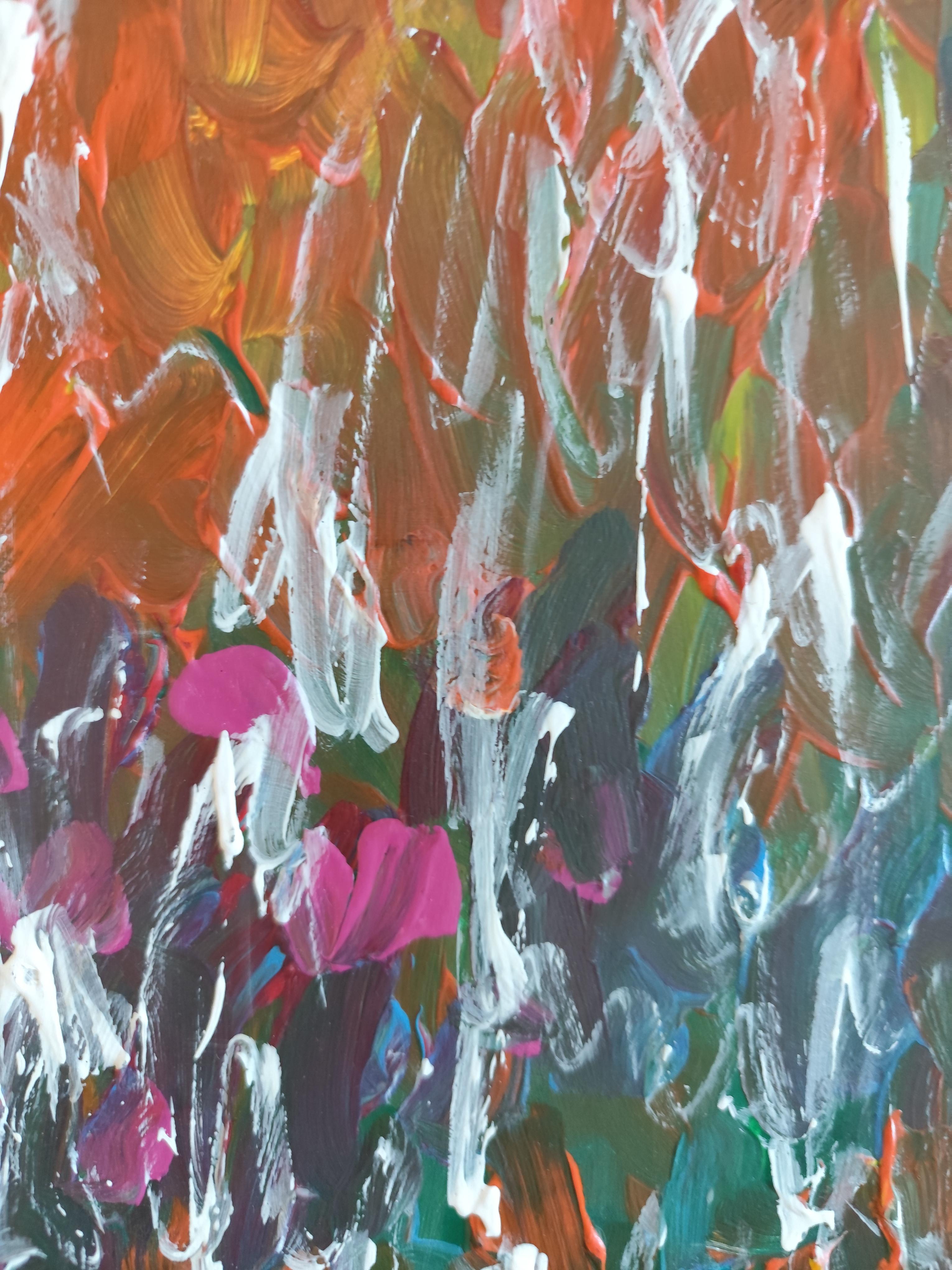 Pintura floral abstracta contemporánea de colores vibrantes 
