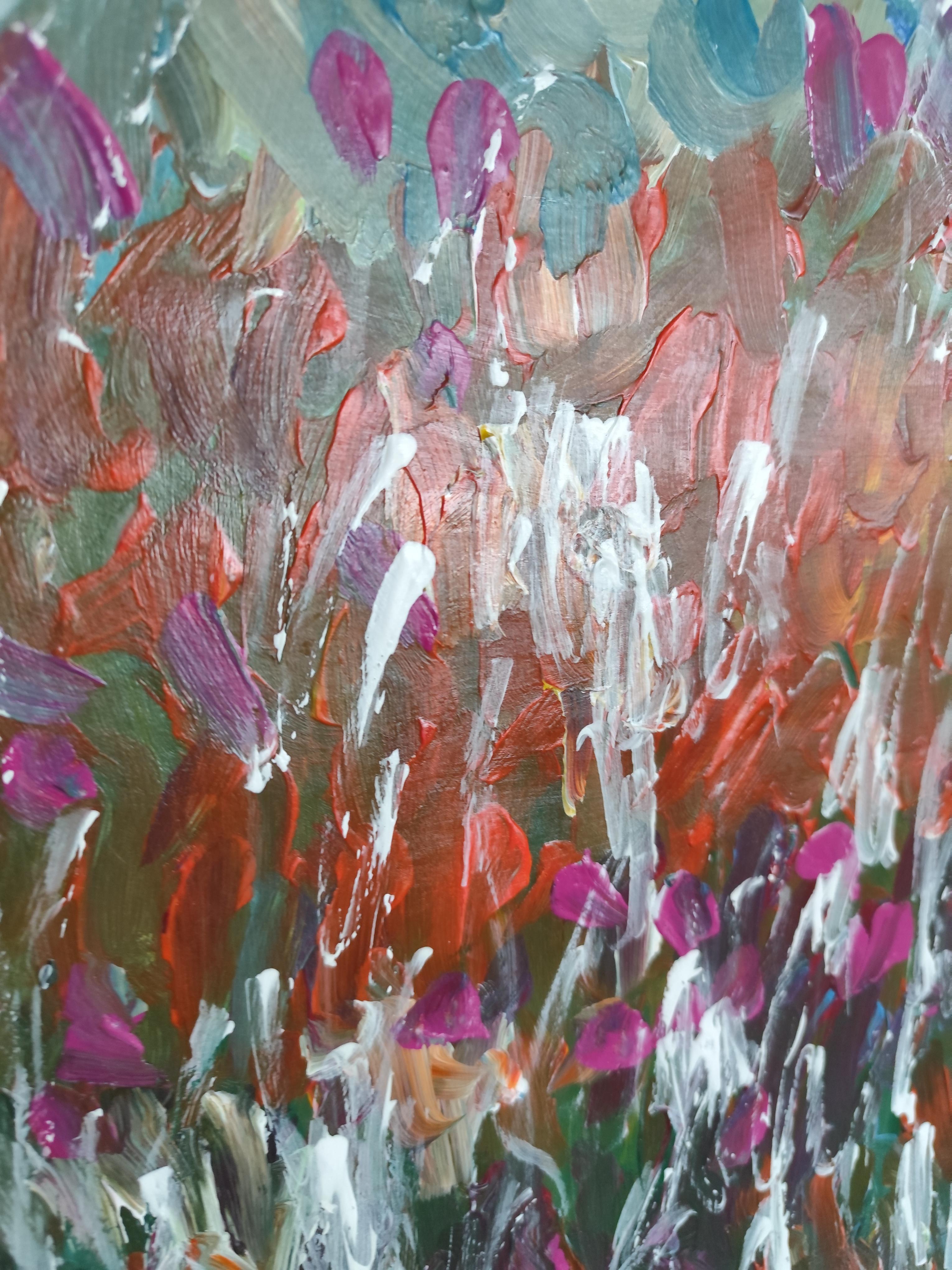 Pintura floral abstracta contemporánea de colores vibrantes 