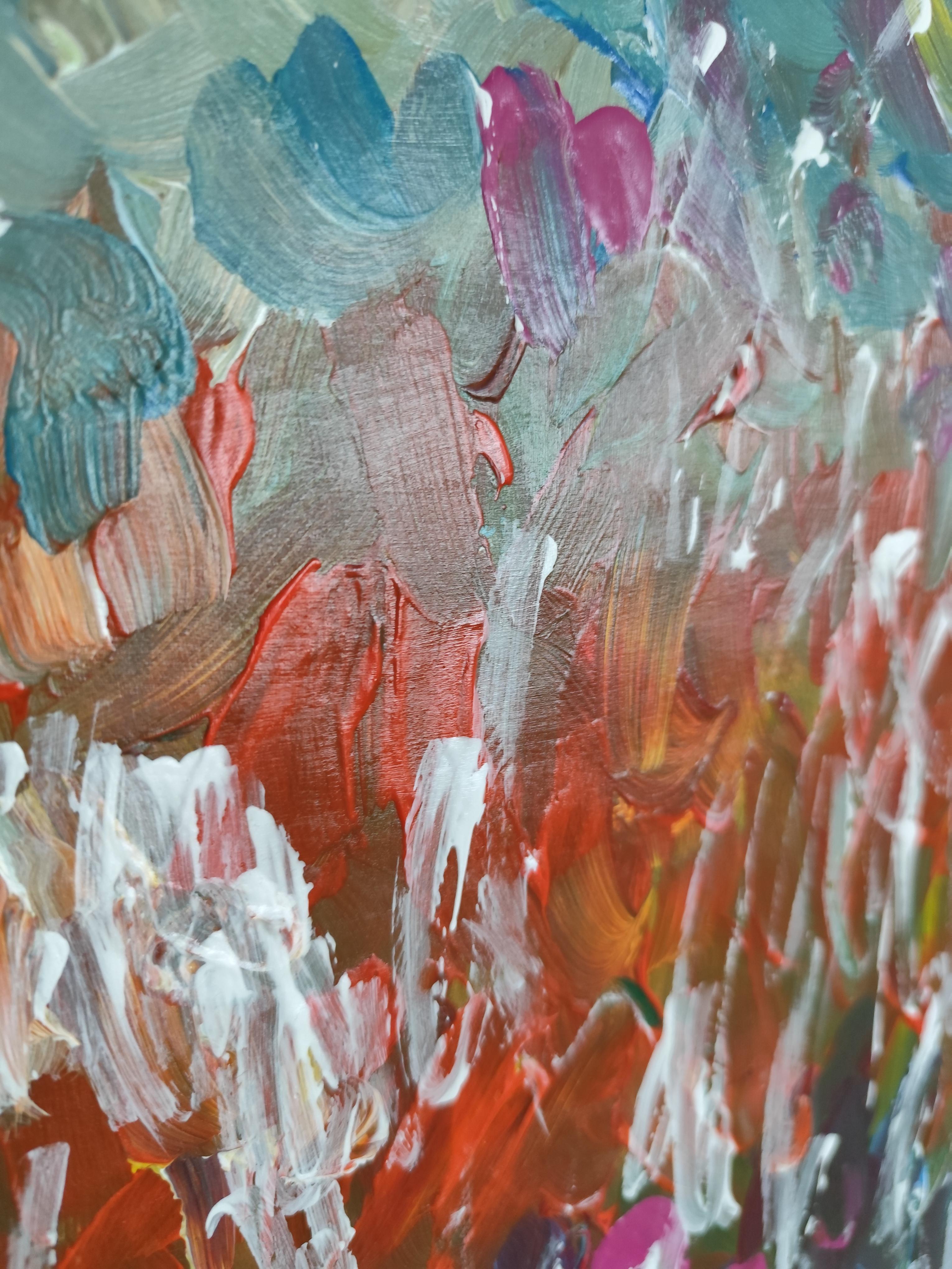 Pintura floral abstracta contemporánea de colores vibrantes 
