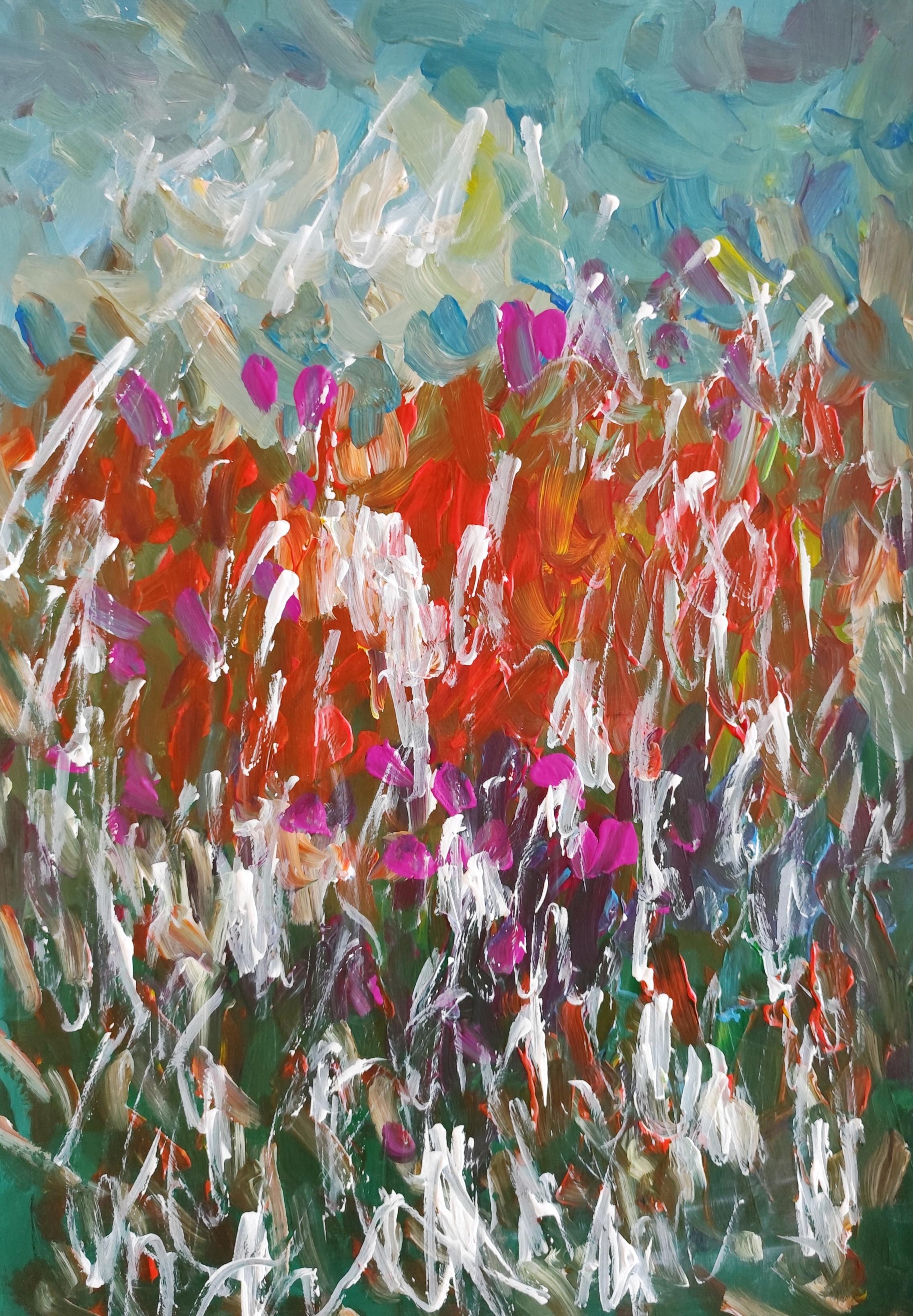 Pintura floral abstracta contemporánea de colores vibrantes 