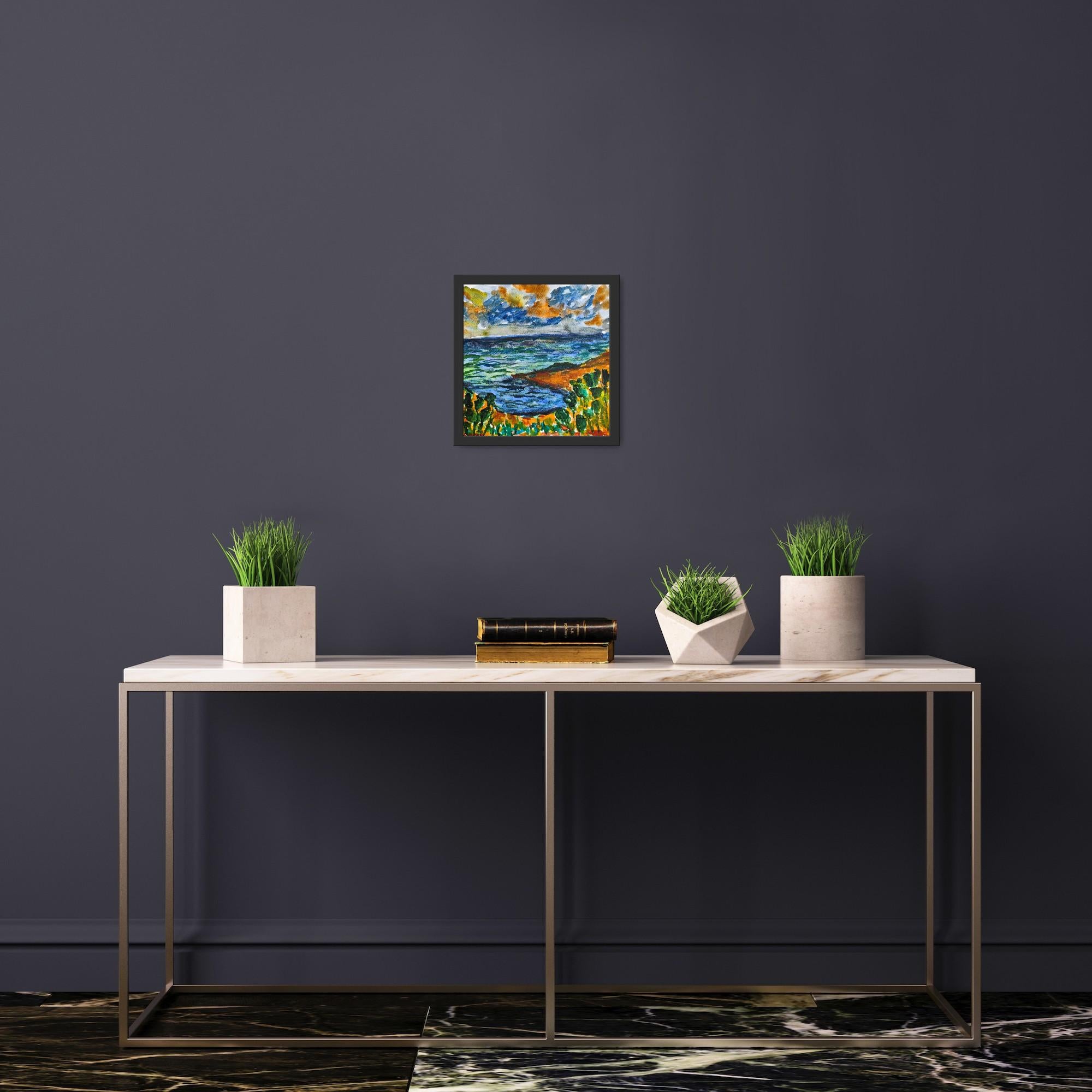 Quadro astratto contemporaneo di paesaggio marino ad acquerello 