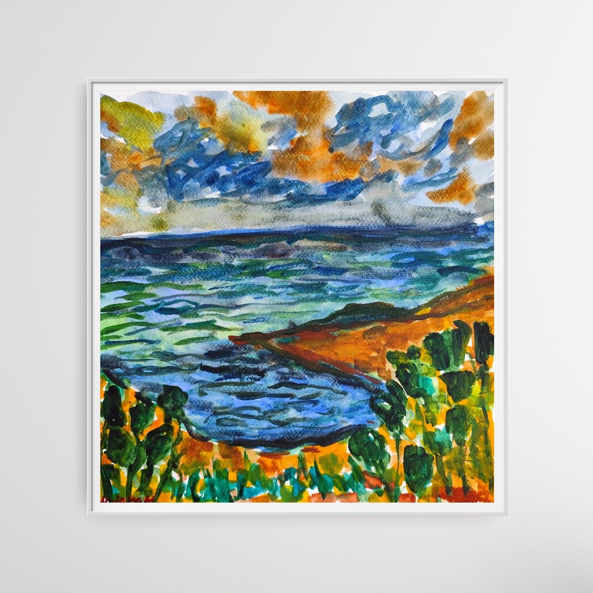 Quadro astratto contemporaneo di paesaggio marino ad acquerello 