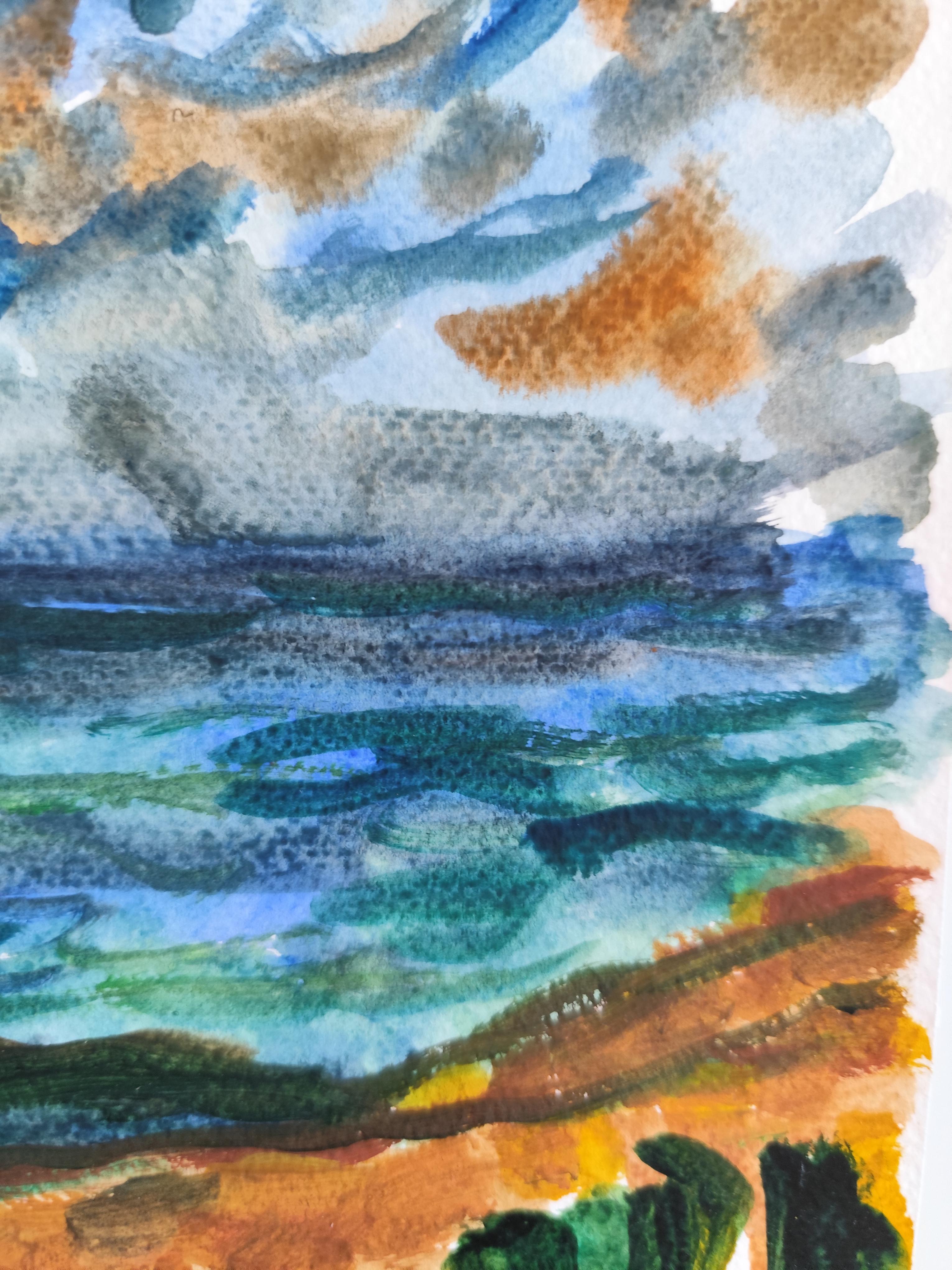 Quadro astratto contemporaneo di paesaggio marino ad acquerello 