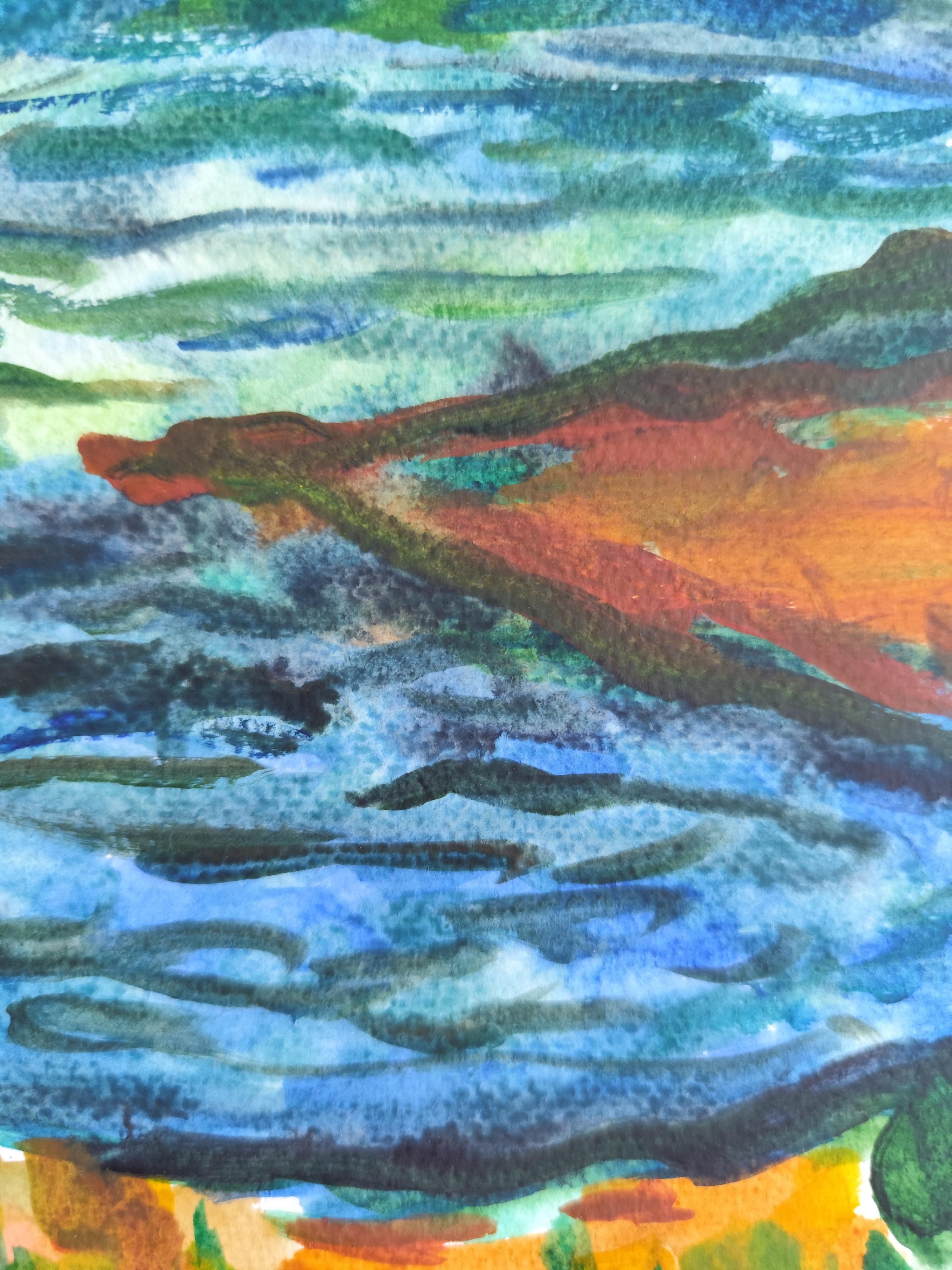Quadro astratto contemporaneo di paesaggio marino ad acquerello 