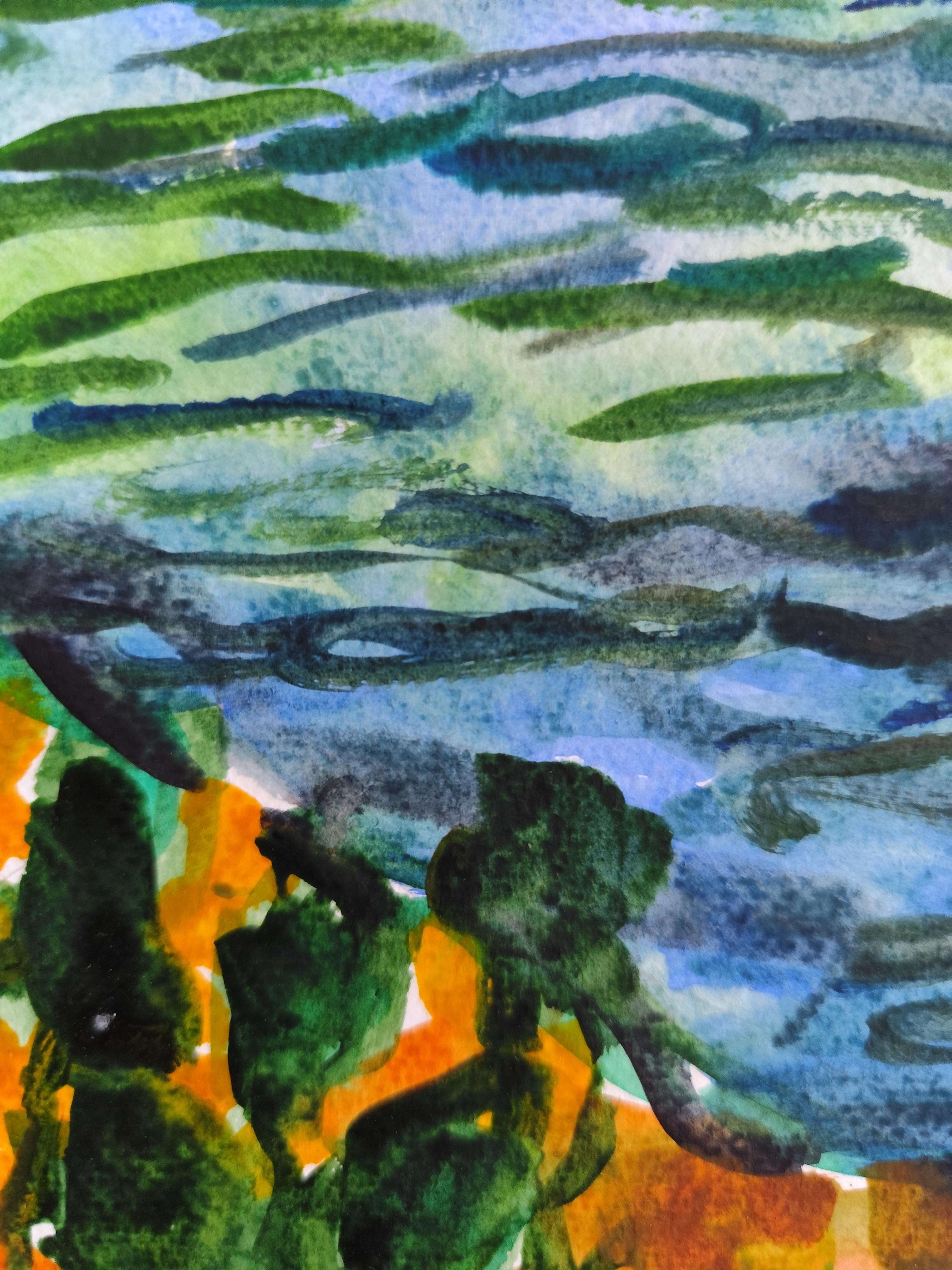 Quadro astratto contemporaneo di paesaggio marino ad acquerello 