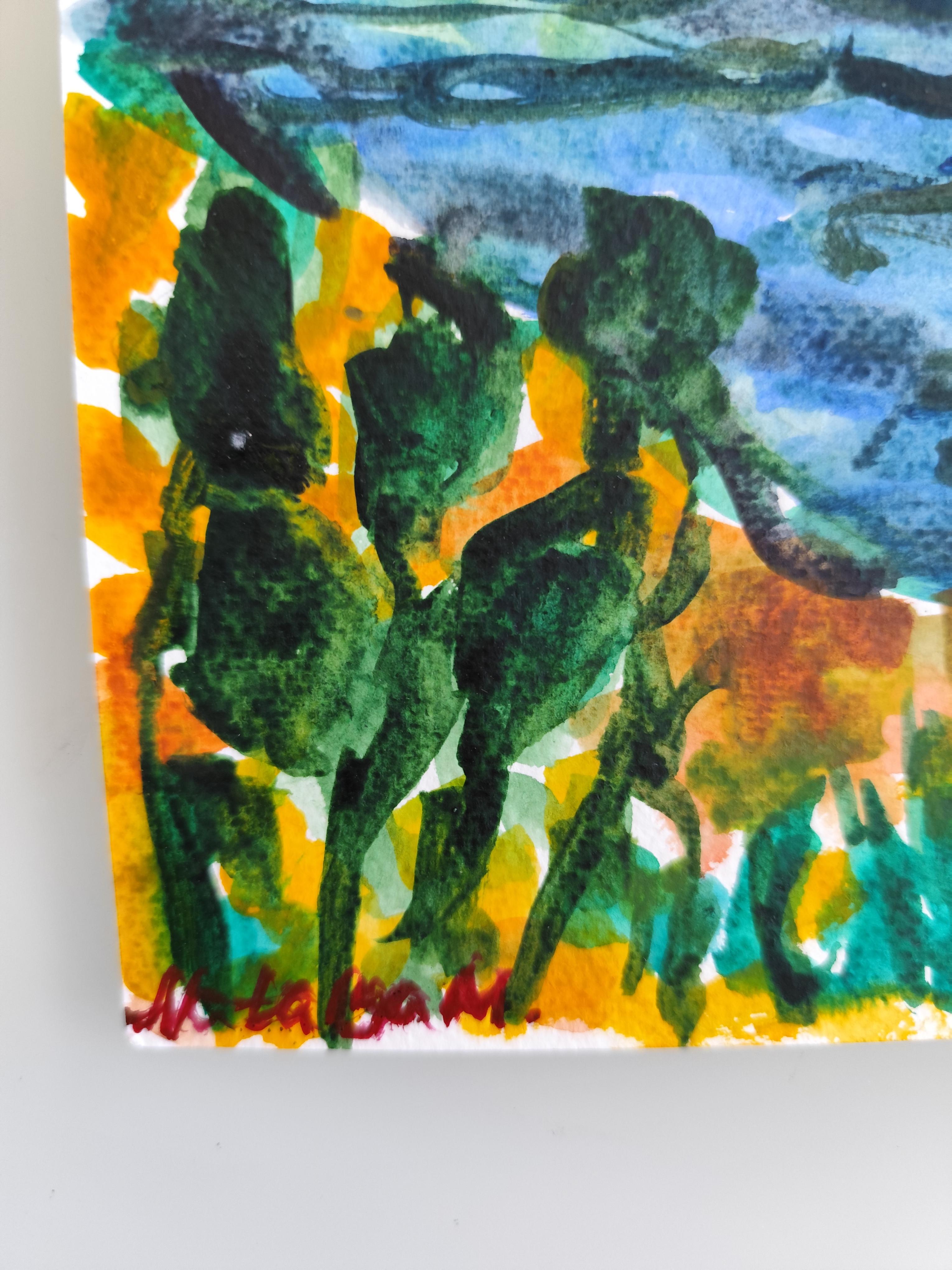Quadro astratto contemporaneo di paesaggio marino ad acquerello 