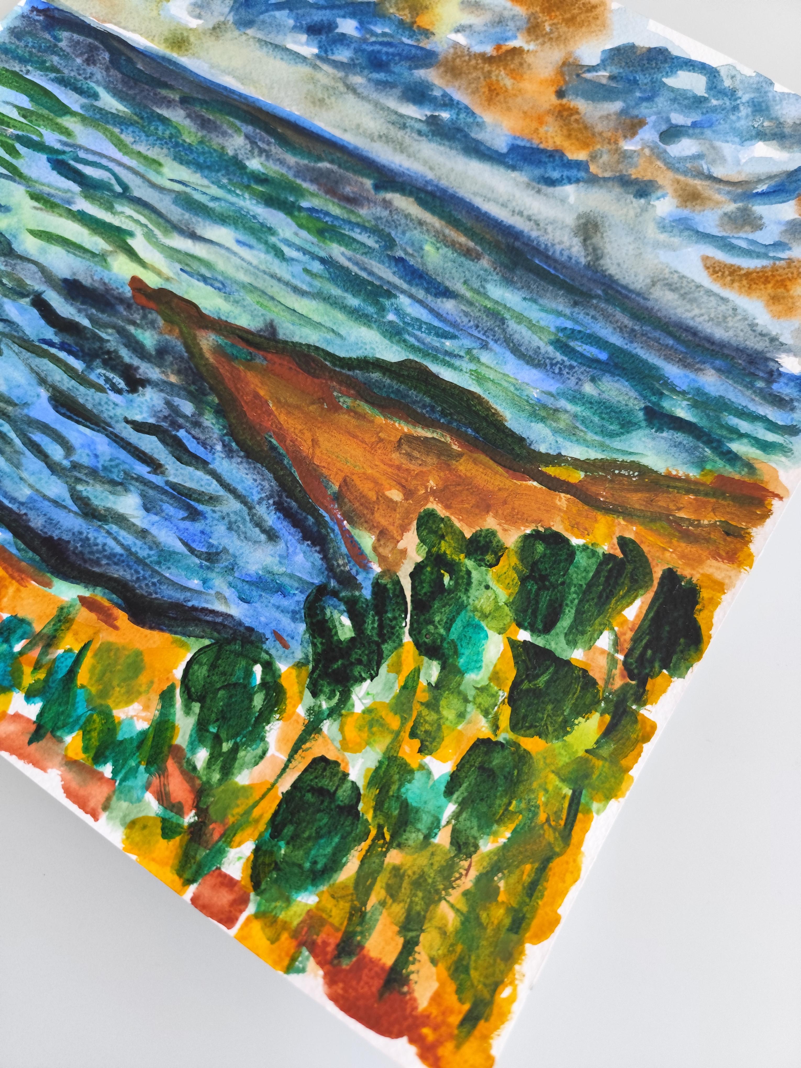 Quadro astratto contemporaneo di paesaggio marino ad acquerello 