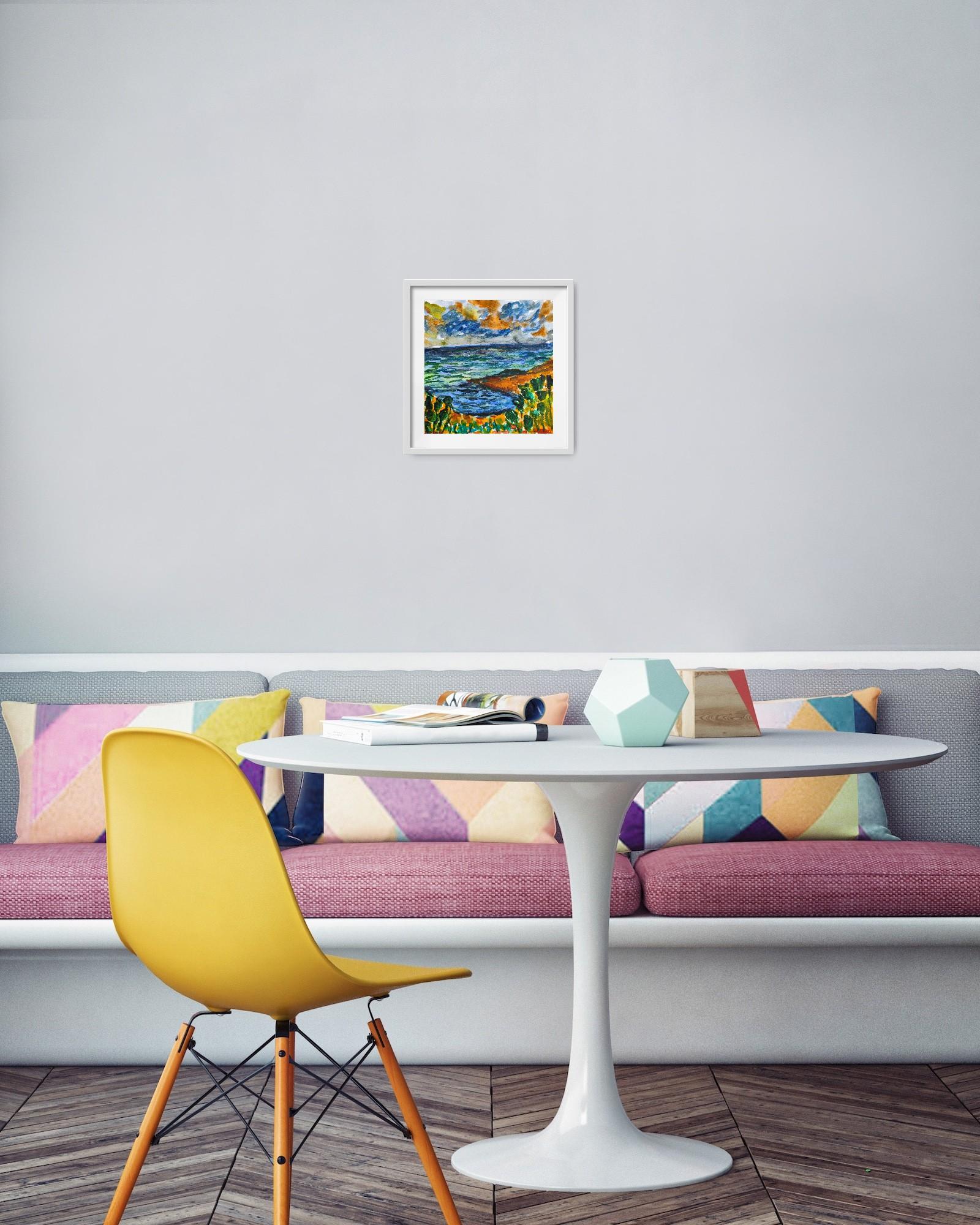 Quadro astratto contemporaneo di paesaggio marino ad acquerello 