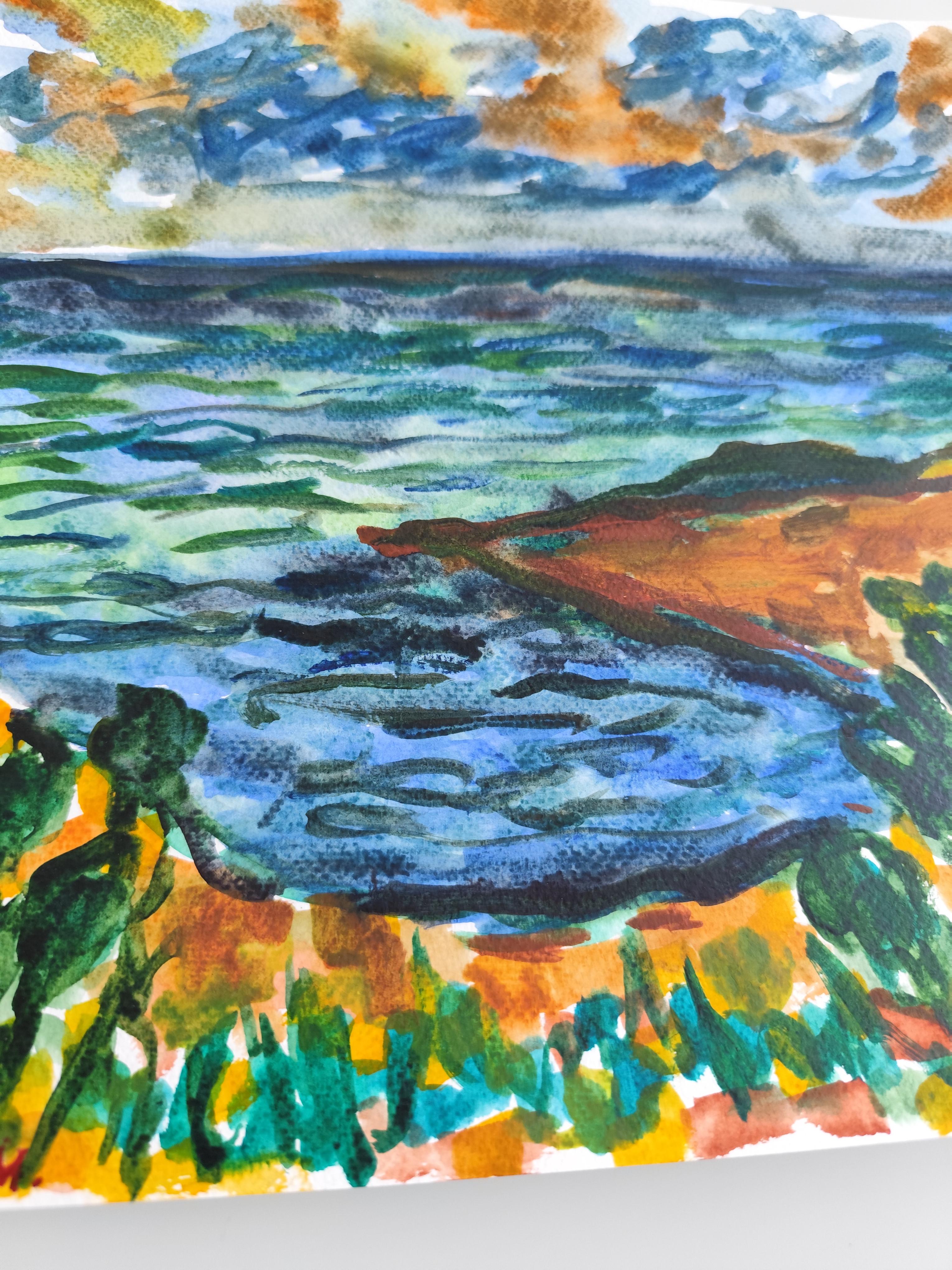 Quadro astratto contemporaneo di paesaggio marino ad acquerello 