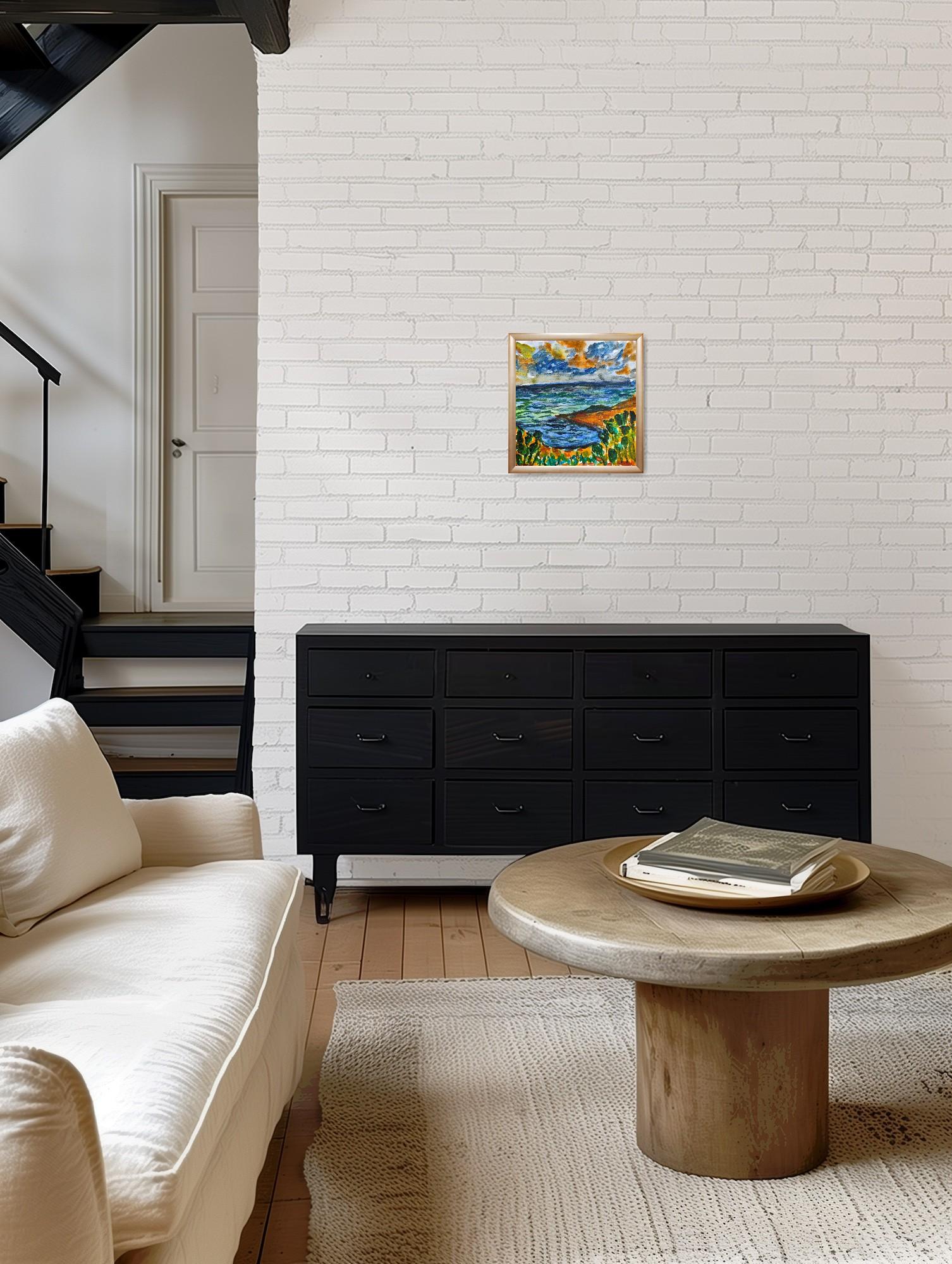 Quadro astratto contemporaneo di paesaggio marino ad acquerello 
