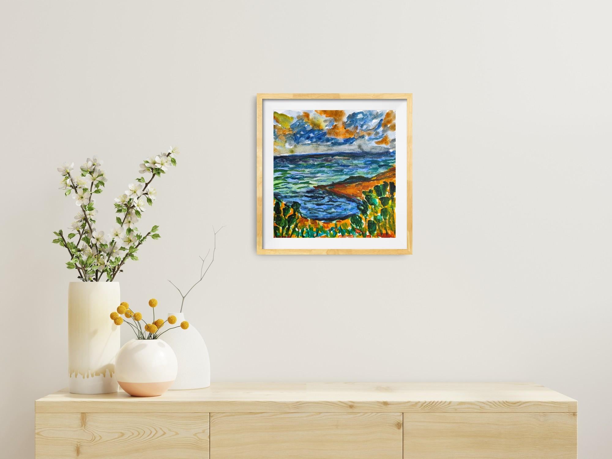 Quadro astratto contemporaneo di paesaggio marino ad acquerello 