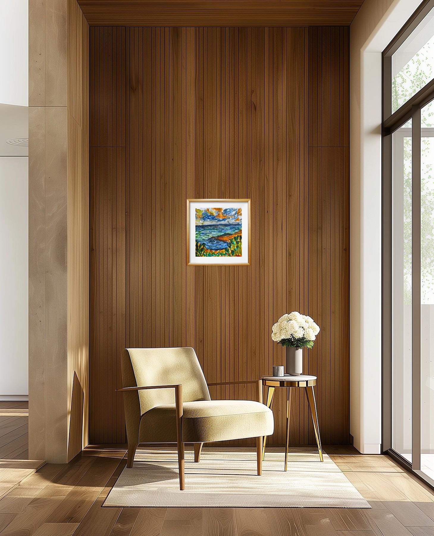 Quadro astratto contemporaneo di paesaggio marino ad acquerello 