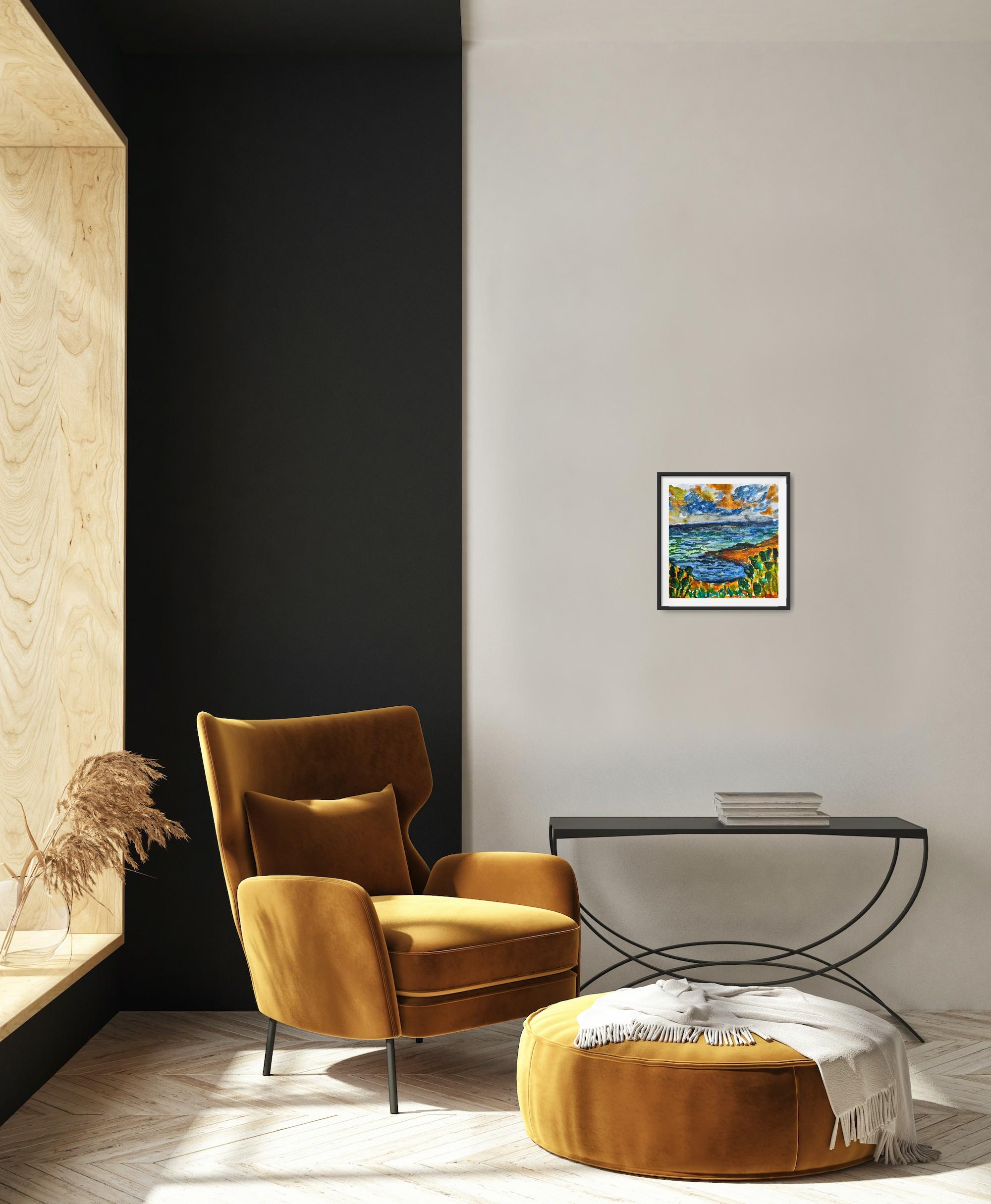 Quadro astratto contemporaneo di paesaggio marino ad acquerello 