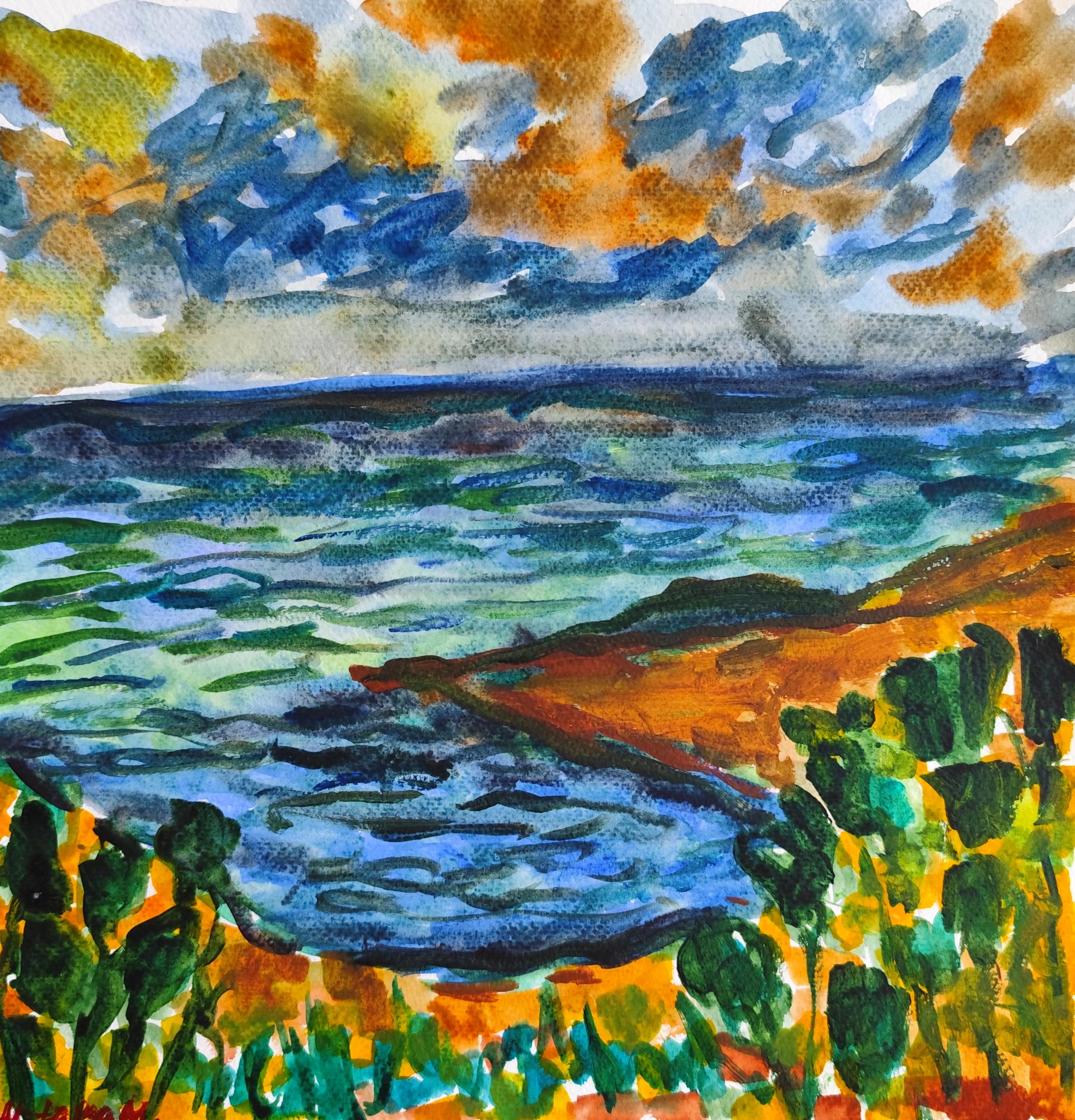 Abstract Painting di Mougenot Natalya - Quadro astratto contemporaneo di paesaggio marino ad acquerello "Seabreeze silence" su carta