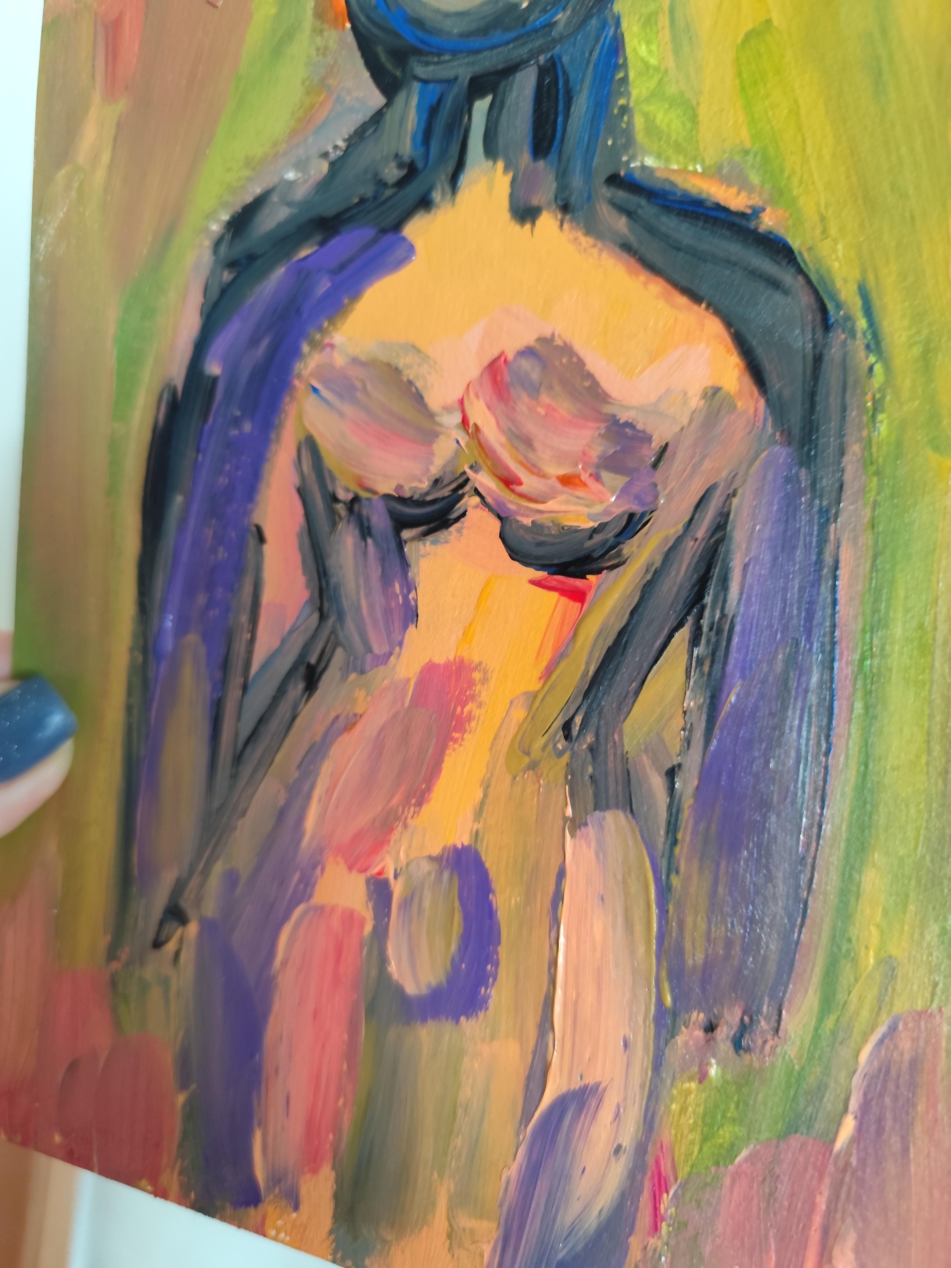 Zeitgenössische bunte abstrakte Acrylmalerei des Körpers einer Frau auf Papier im Angebot 6