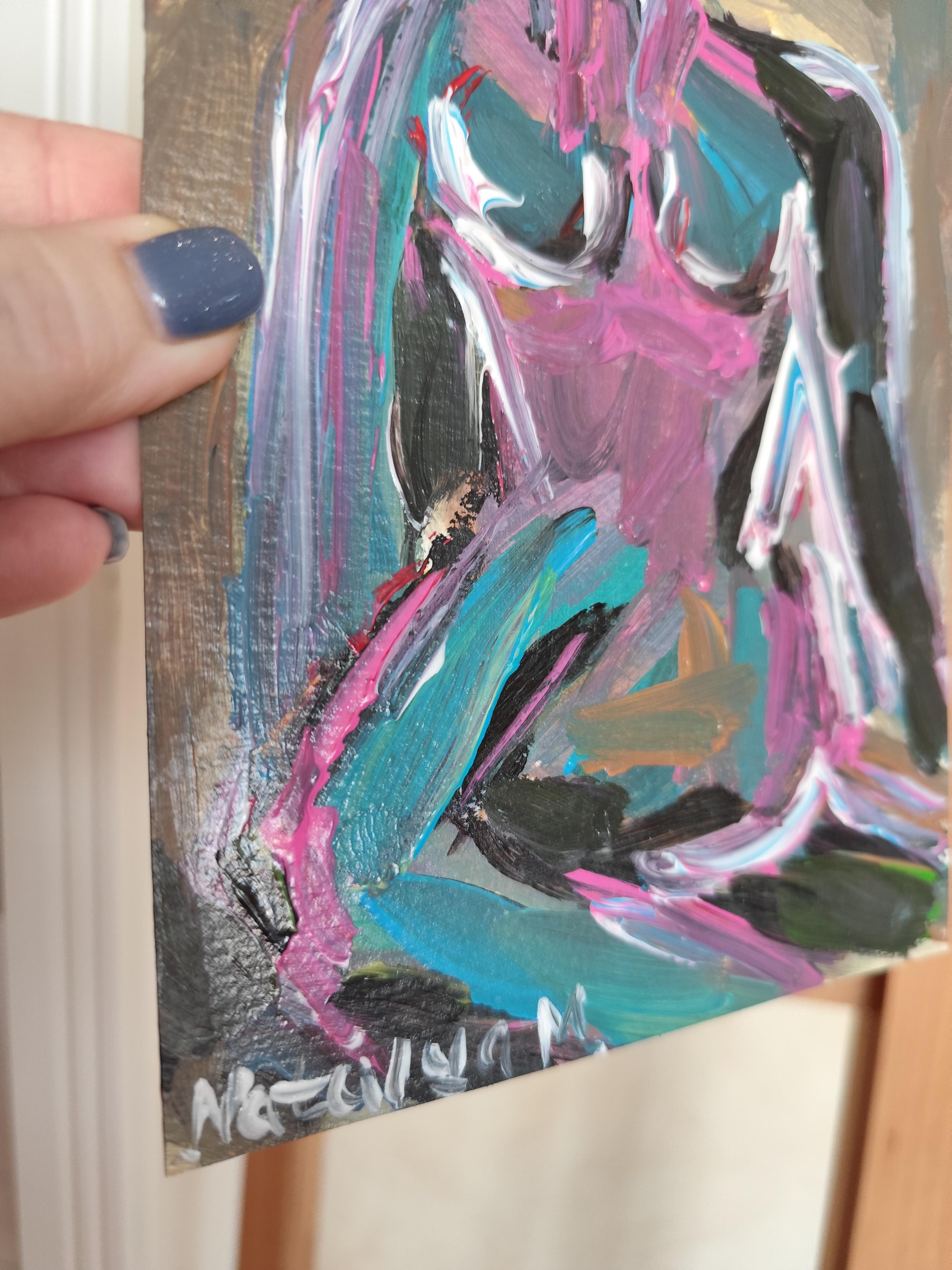 Zeitgenössische bunte abstrakte Acrylmalerei des Körpers einer Frau auf Papier im Angebot 8
