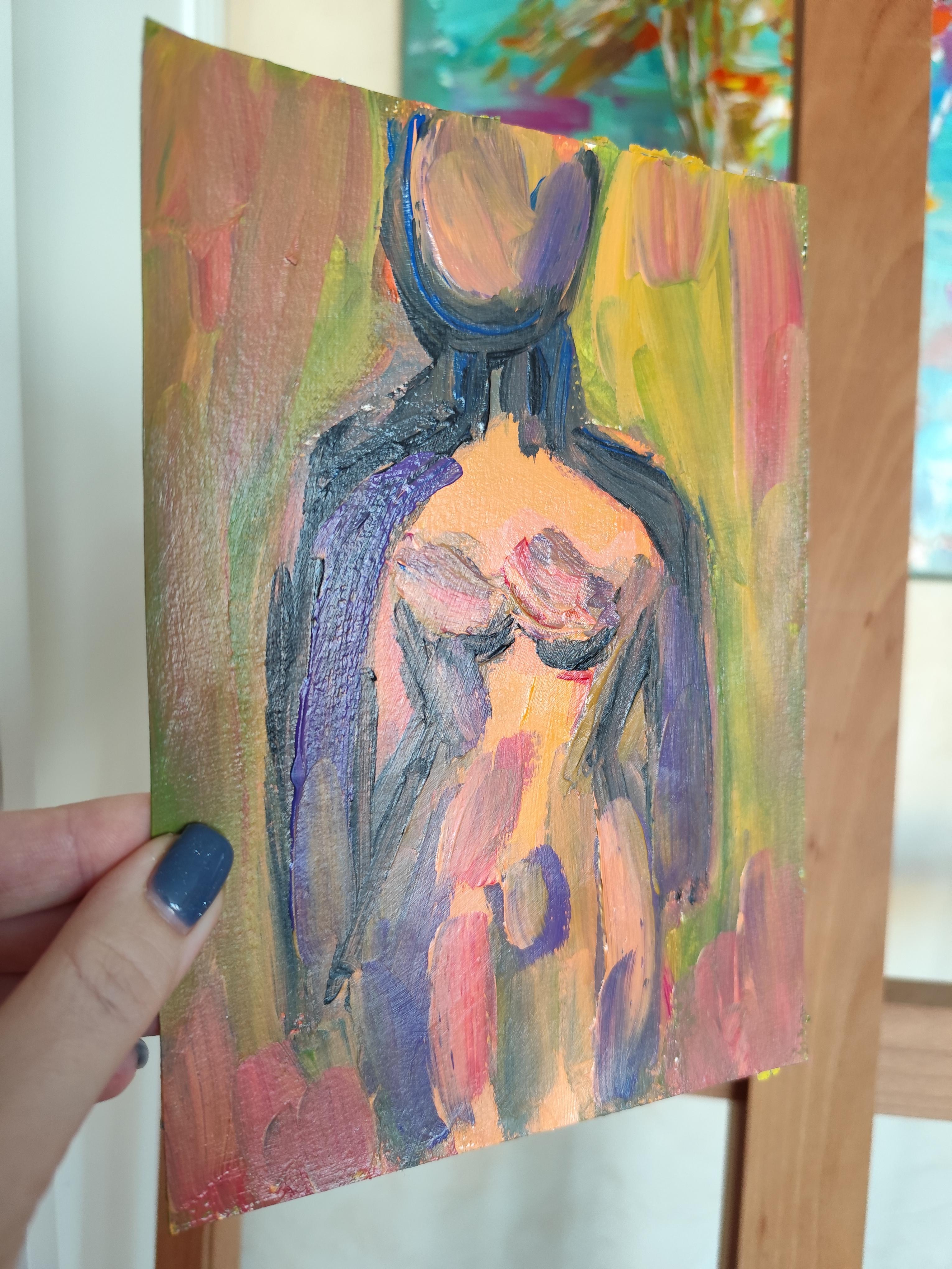Zeitgenössische bunte abstrakte Acrylmalerei des Körpers einer Frau auf Papier im Angebot 8