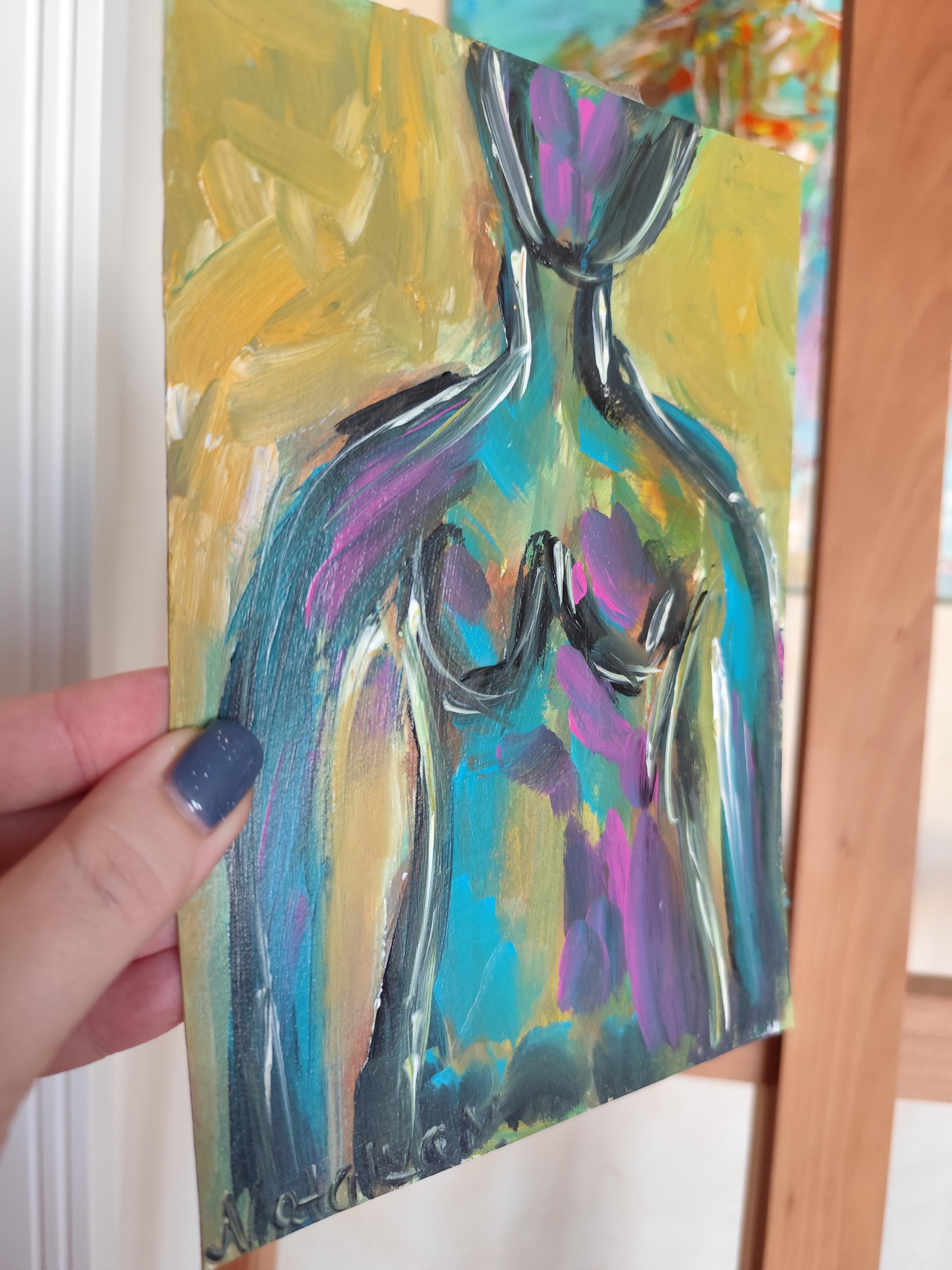 Pintura acrílica abstracta contemporánea colorista de cuerpo de mujer sobre papel en venta 10