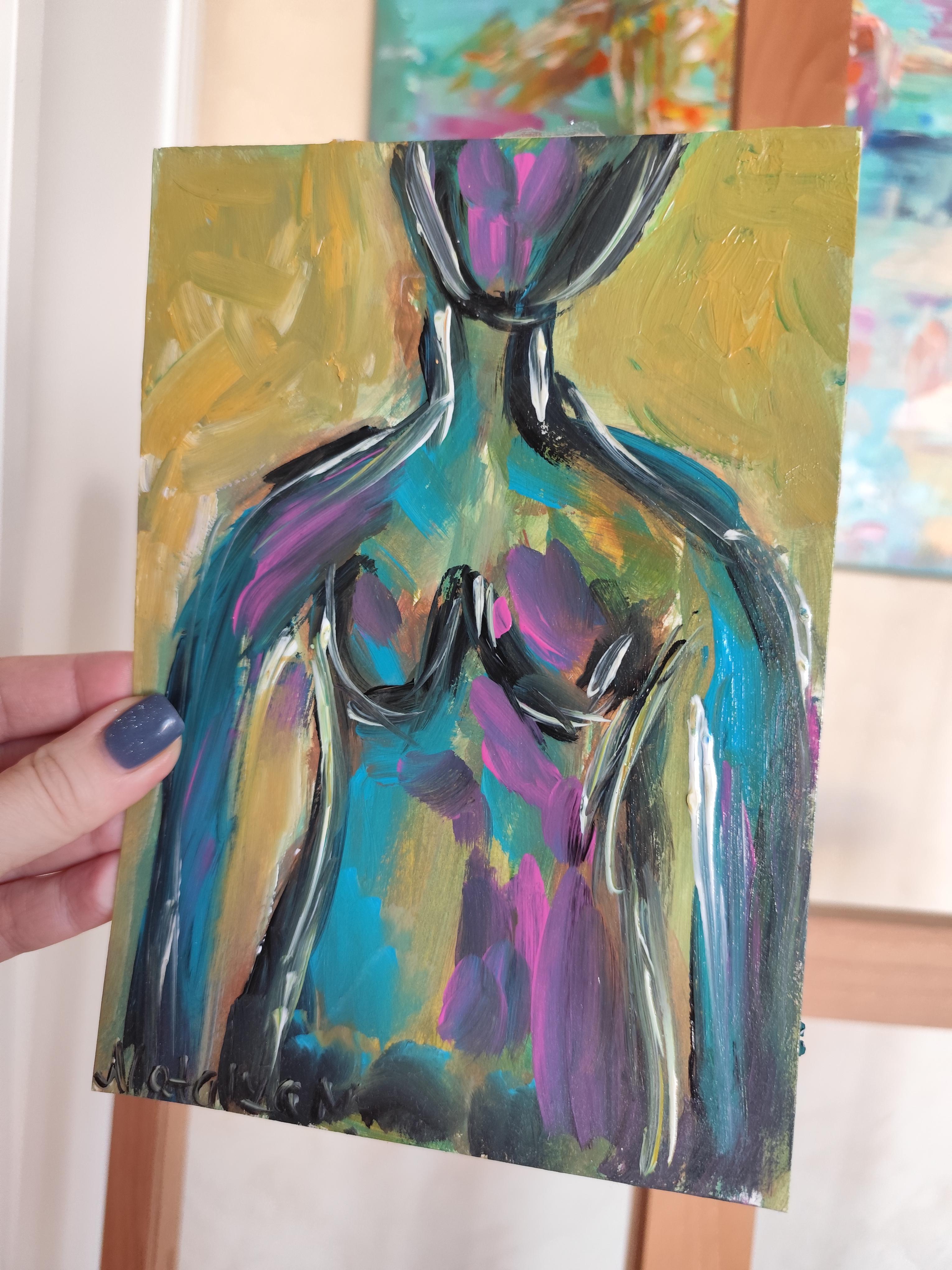 Pintura acrílica abstracta contemporánea colorista de cuerpo de mujer sobre papel en venta 11