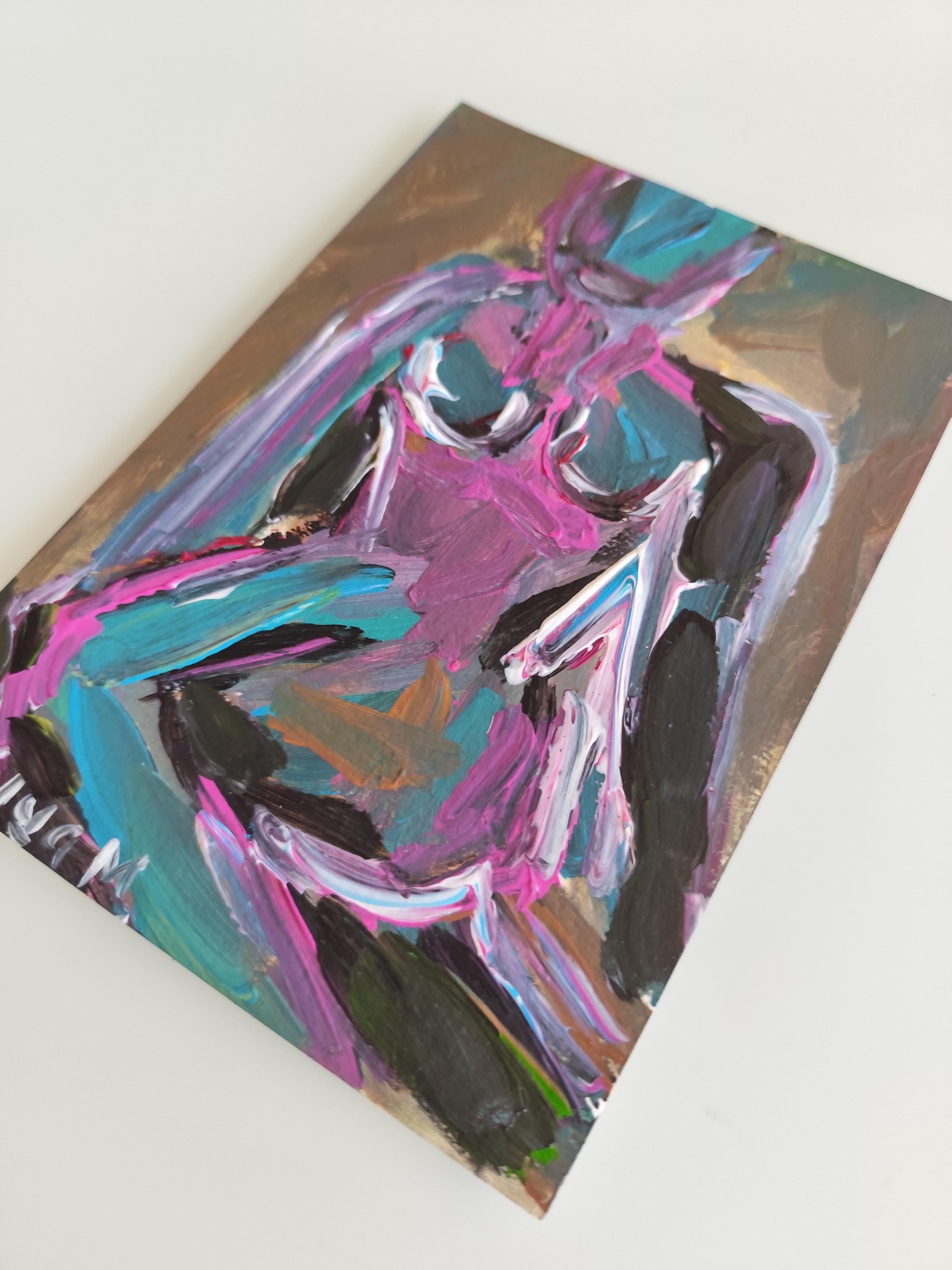 Zeitgenössische bunte abstrakte Acrylmalerei des Körpers einer Frau auf Papier im Angebot 12