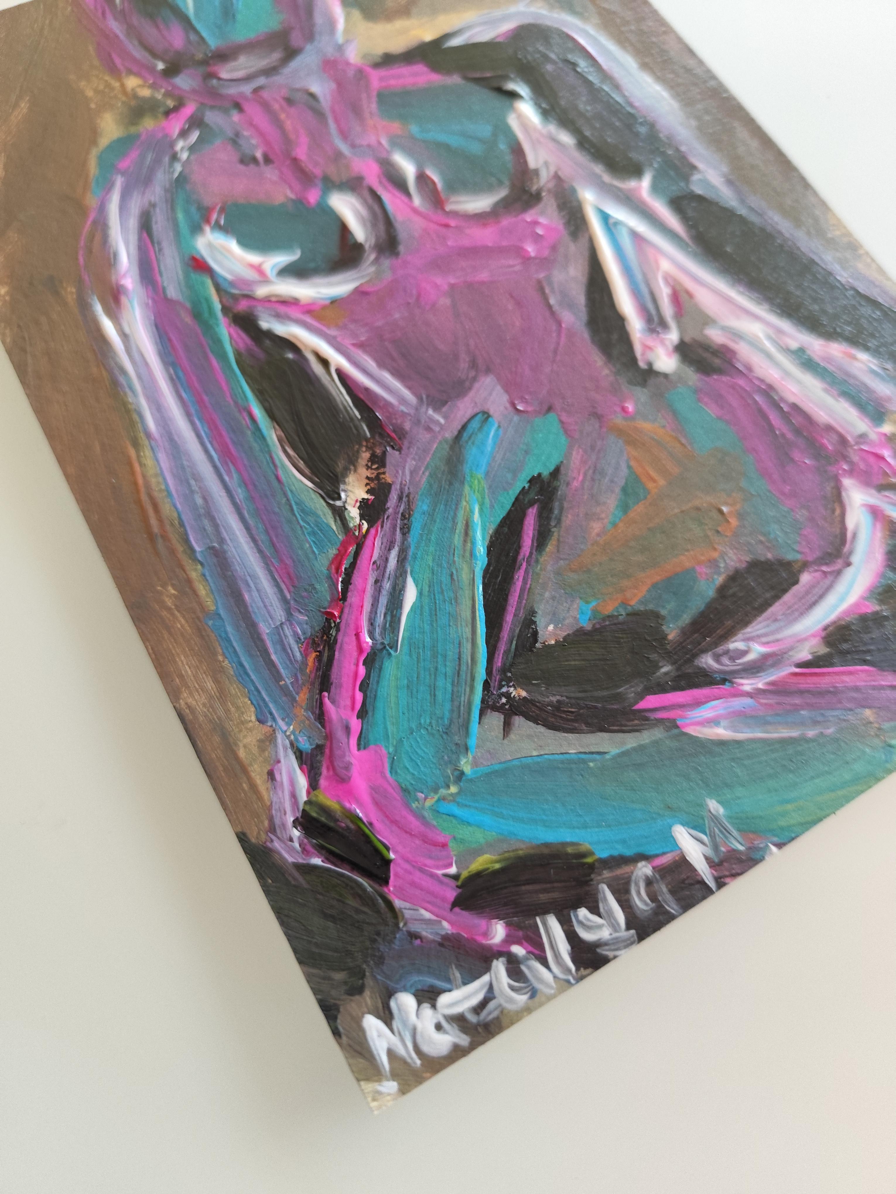 Zeitgenössische bunte abstrakte Acrylmalerei des Körpers einer Frau auf Papier im Angebot 13